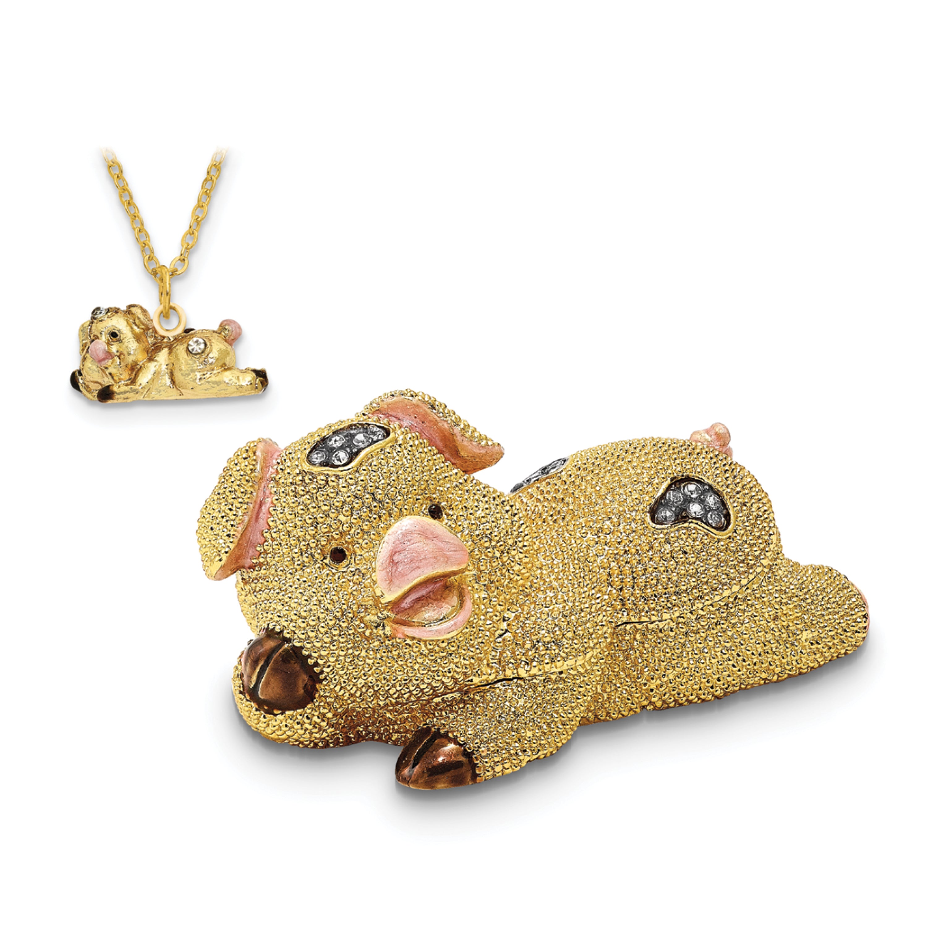 Luxury Giftware Pewter Bejeweled Crystals Gold-tone Enameled PANDY POSH Cute Golden Pig Trinket Box with Matching 18 Inch Necklace