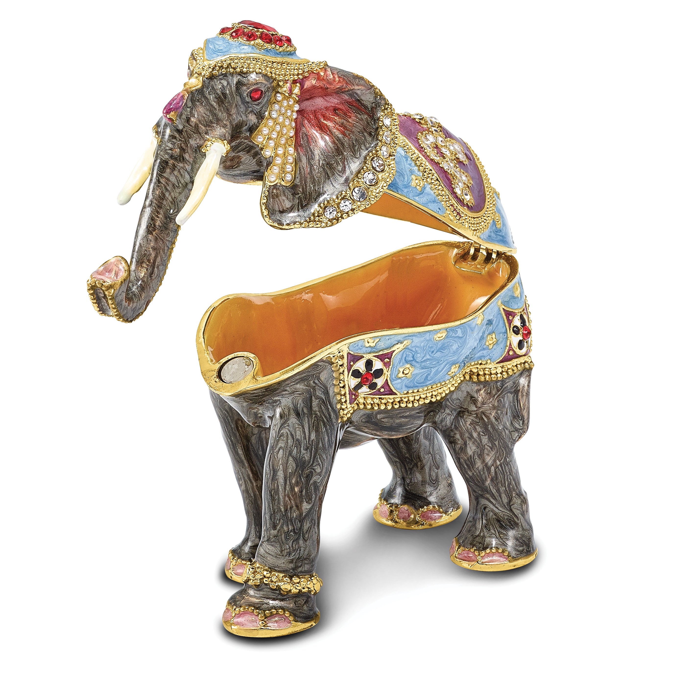 Luxury Giftware by Jere Pewter Bejeweled Crystals Gold-tone Enameled KAT Kathmandu Elephant Trinket Box with Matching 18 Inch Necklace