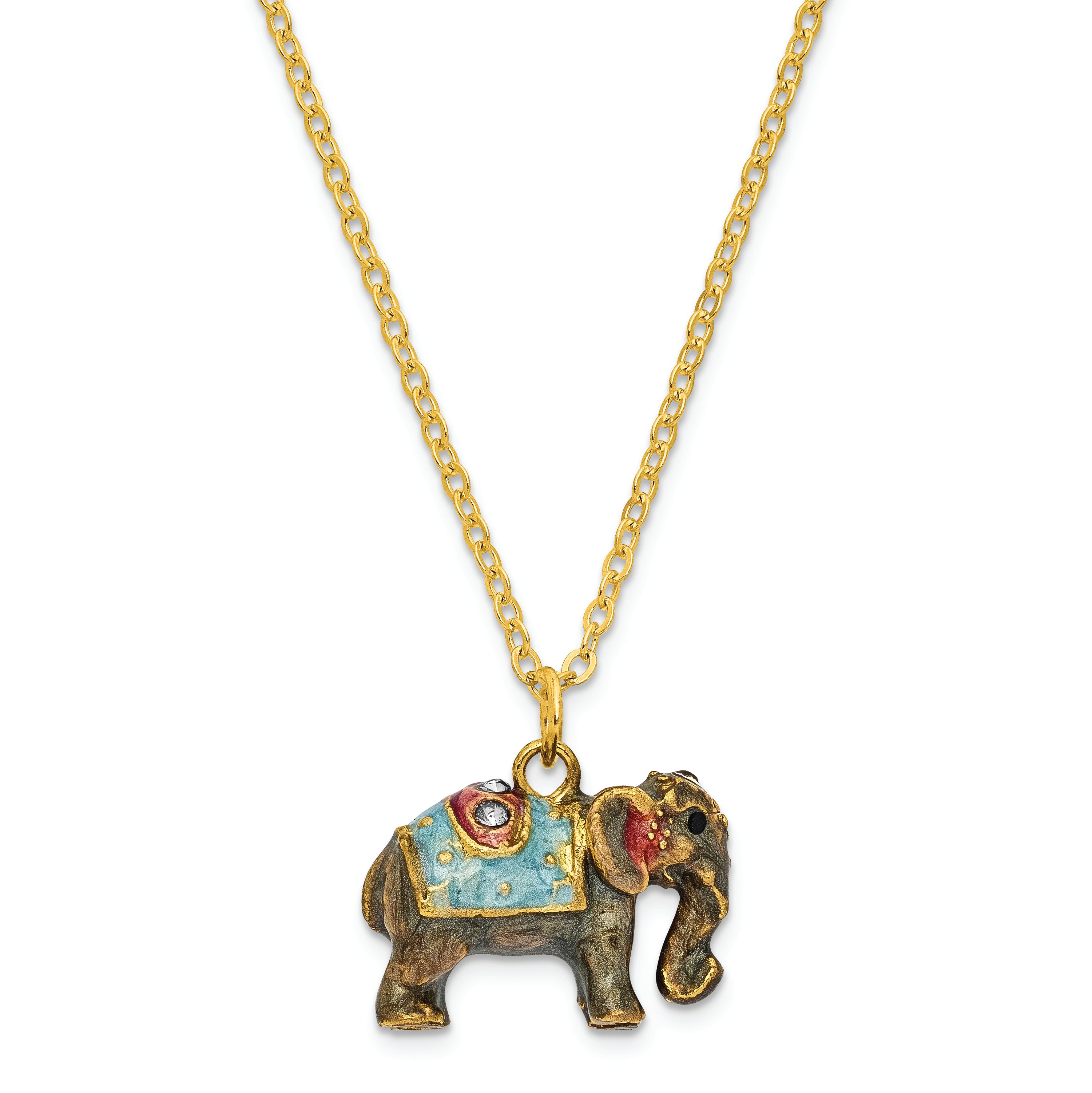 Luxury Giftware by Jere Pewter Bejeweled Crystals Gold-tone Enameled KAT Kathmandu Elephant Trinket Box with Matching 18 Inch Necklace