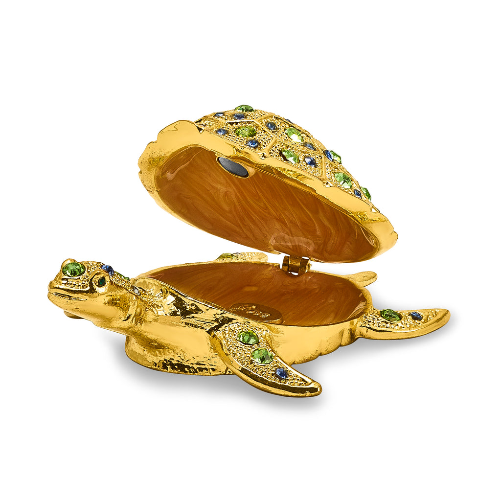 Luxury Giftware by Jere Pewter Bejeweled Crystals Gold-tone GILDA Golden Sea Turtle Trinket Box with Matching 18 Inch Necklace