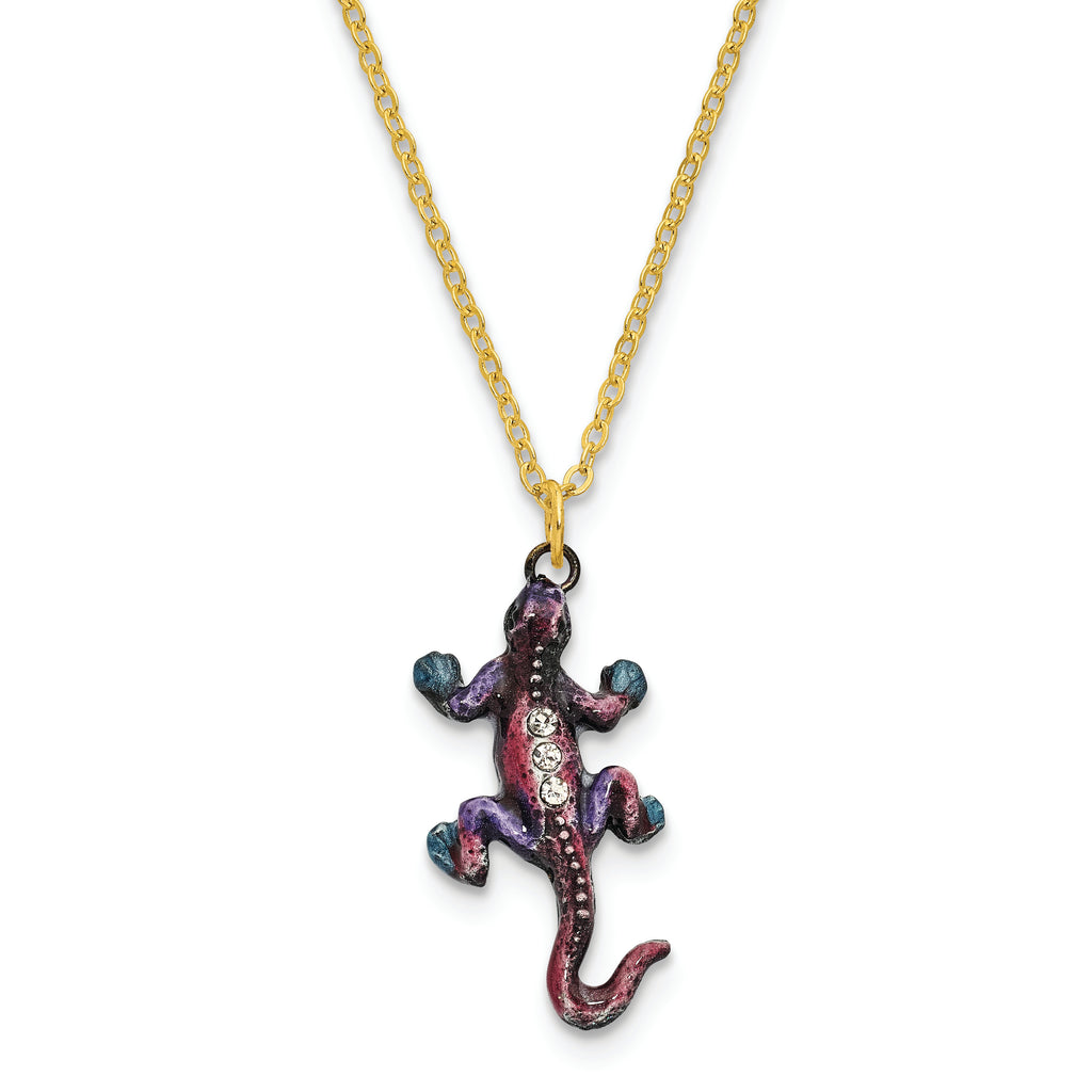 Luxury Giftware Pewter Bejeweled Crystals Pewter-tone Enameled PRINCE OF JEWELS Gecko Trinket Box with Matching 18 Inch Necklace