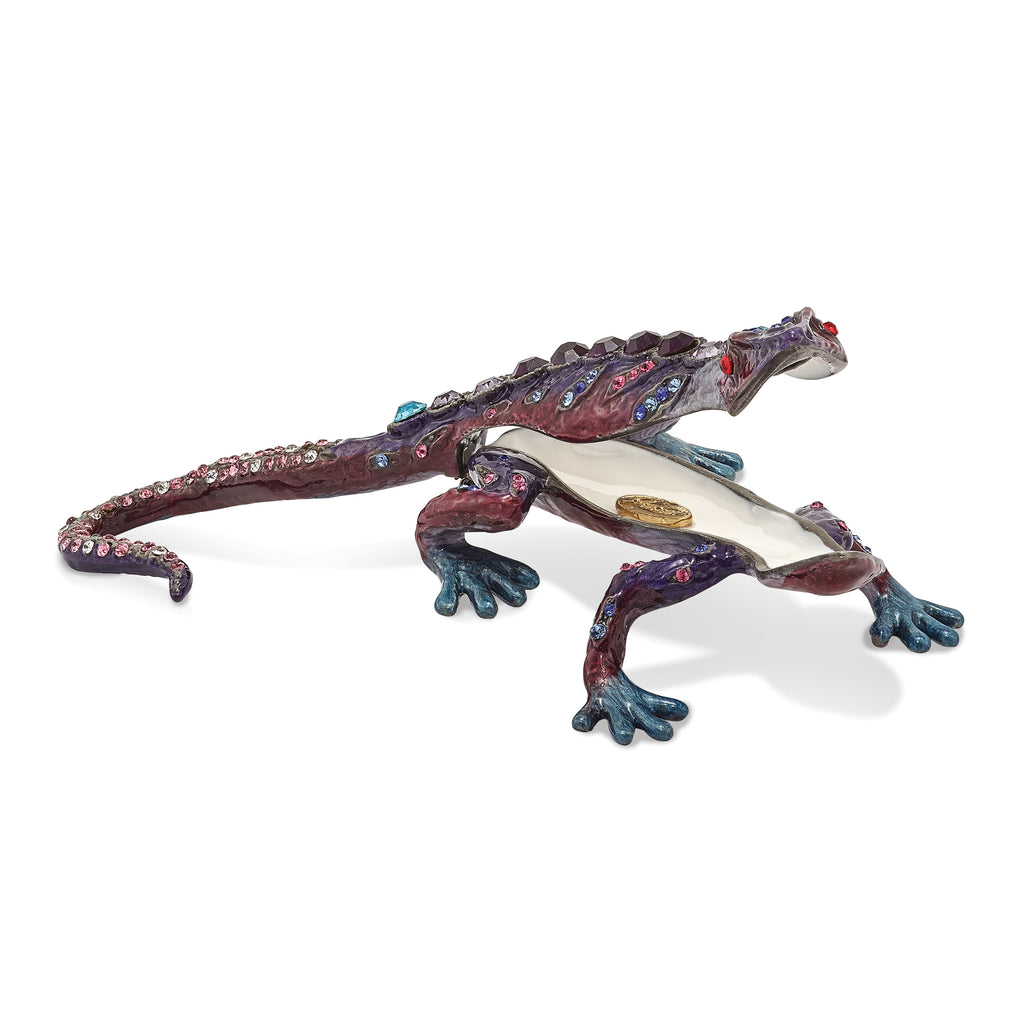 Luxury Giftware Pewter Bejeweled Crystals Pewter-tone Enameled PRINCE OF JEWELS Gecko Trinket Box with Matching 18 Inch Necklace