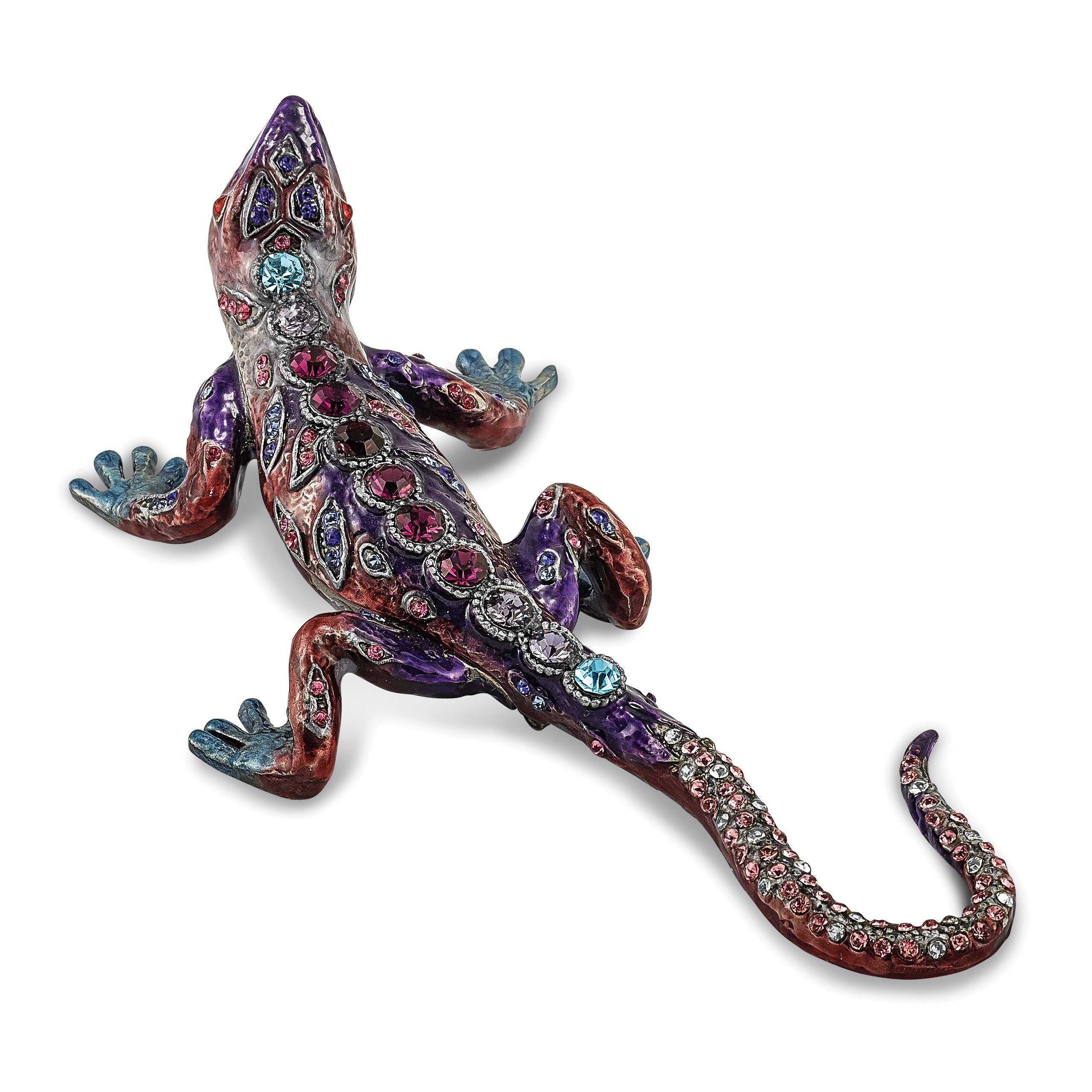 Luxury Giftware Pewter Bejeweled Crystals Pewter-tone Enameled PRINCE OF JEWELS Gecko Trinket Box with Matching 18 Inch Necklace