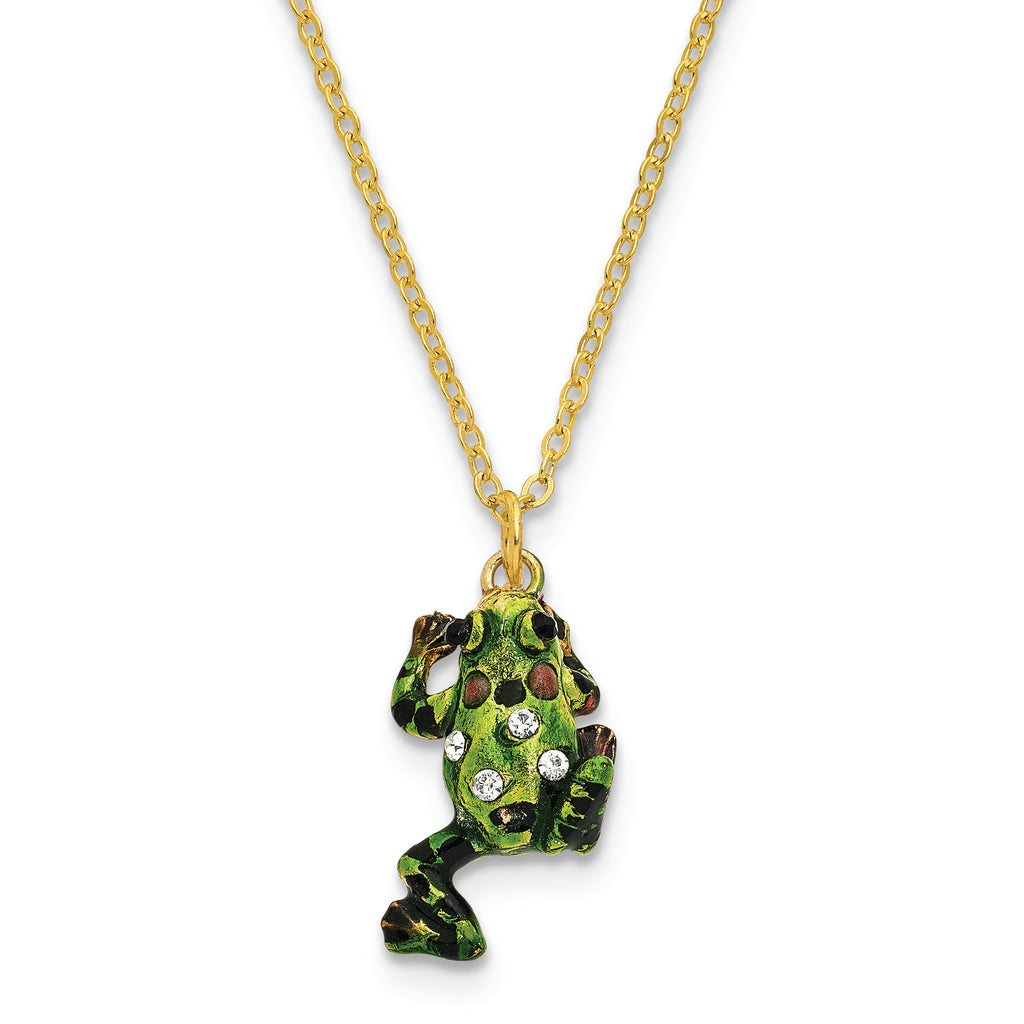Luxury Giftware by Jere Pewter Bejeweled Crystals Gold-tone Enameled FRANK Red Eyed Frog Trinket Box with Matching 18 Inch Necklace