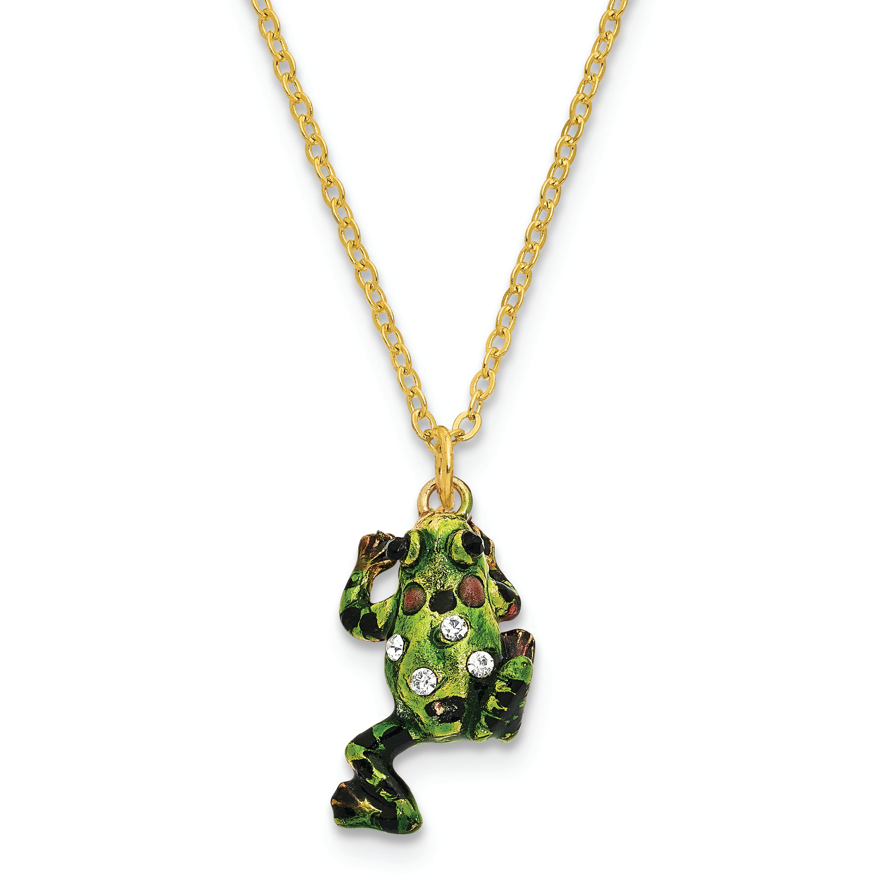 Luxury Giftware by Jere Pewter Bejeweled Crystals Gold-tone Enameled FRANK Red Eyed Frog Trinket Box with Matching 18 Inch Necklace