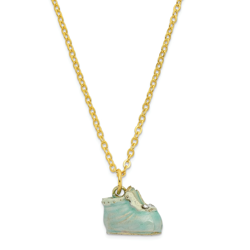 Luxury Giftware by Jere Pewter Bejeweled Crystals Gold-tone Enameled IT'S A BOY Blue Baby Bootie Trinket Box with Matching 18 Inch Necklace