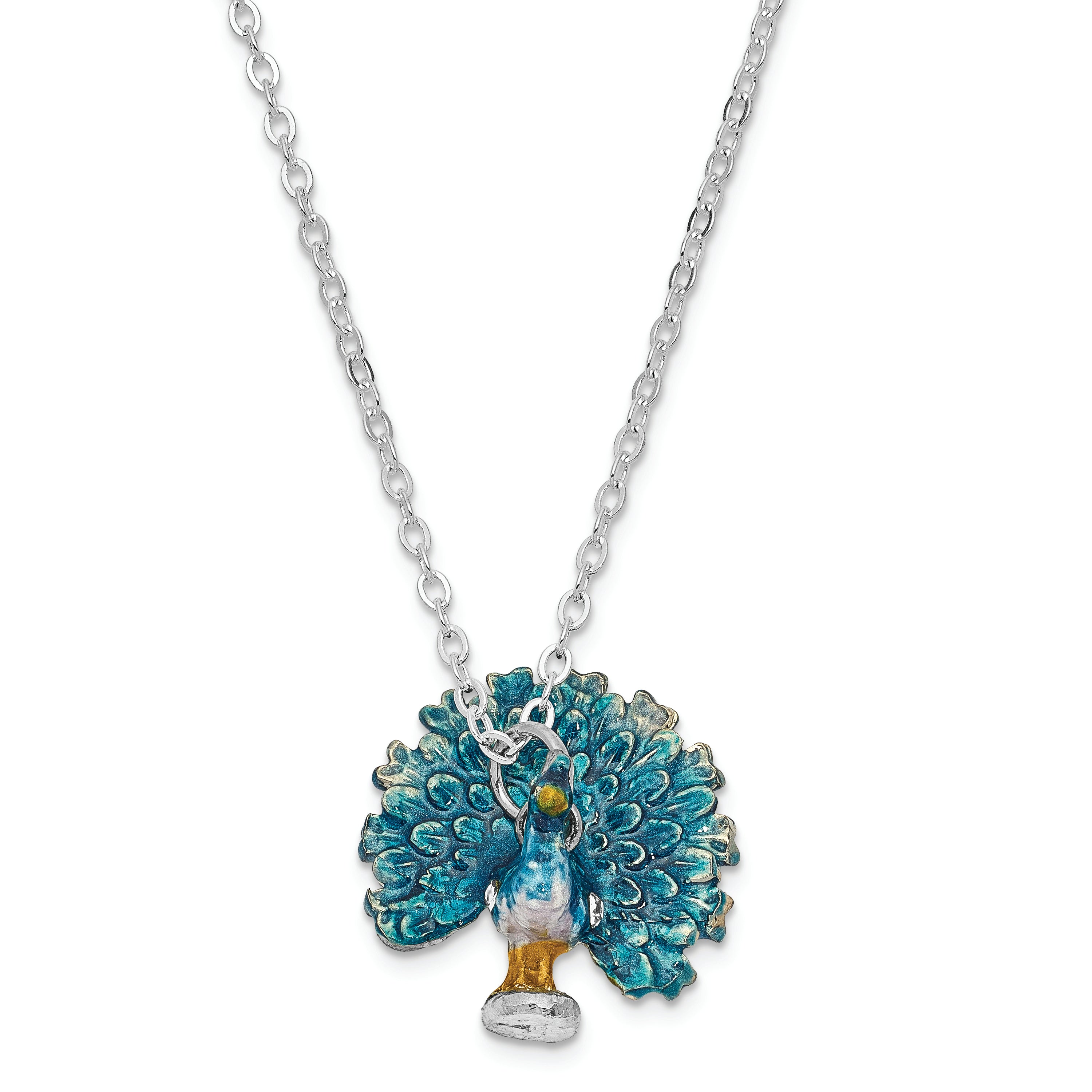 Luxury Giftware Pewter Bejeweled Crystals Silver-tone Enameled IRIDESCENCE Blue Peacock Trinket Box with Matching 18 Inch Necklace