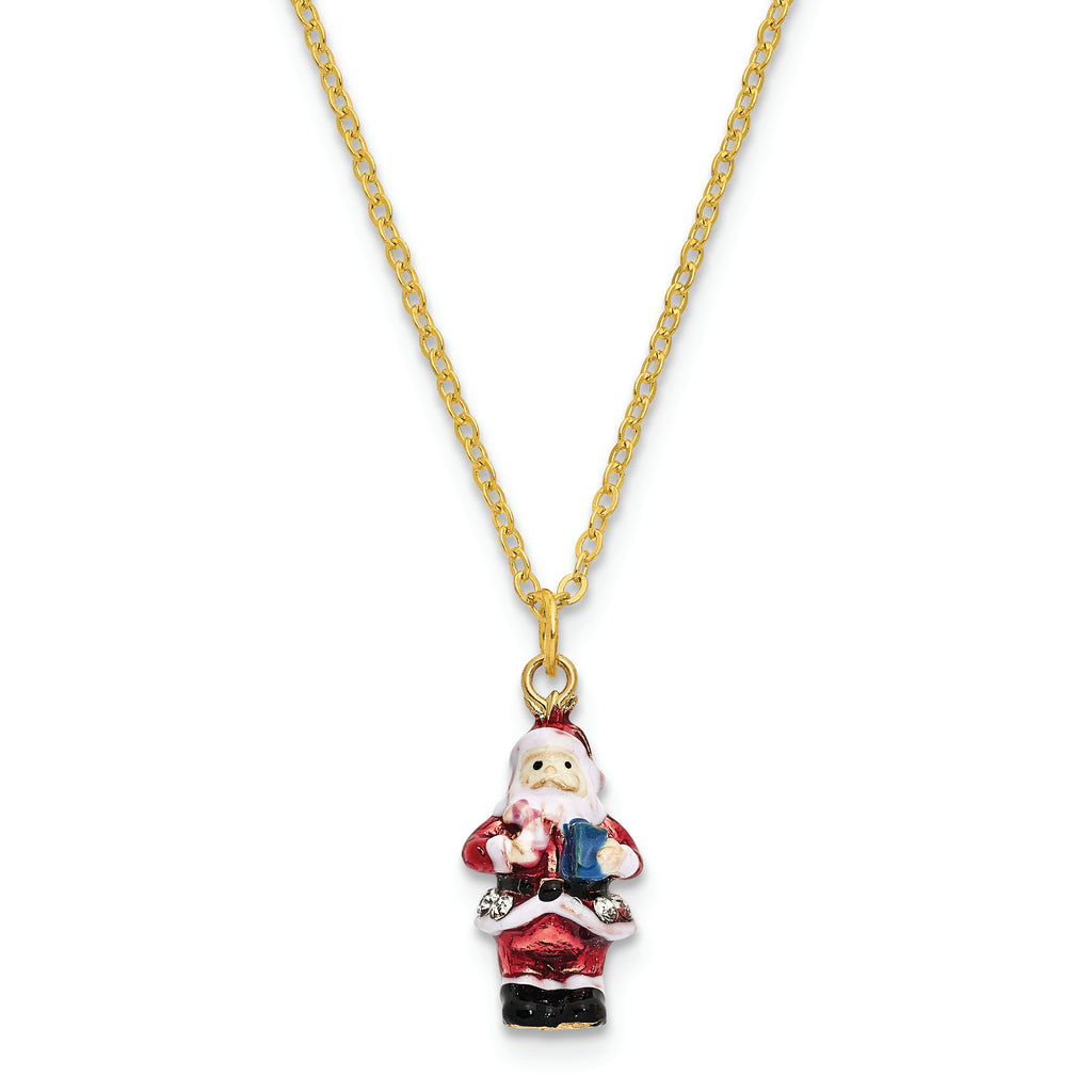 Luxury Giftware by Jere Bejeweled Crystals Gold-tone Enameled CHRISTMAS CALLER Santa Claus Trinket Box with Matching 18 Inch Necklace