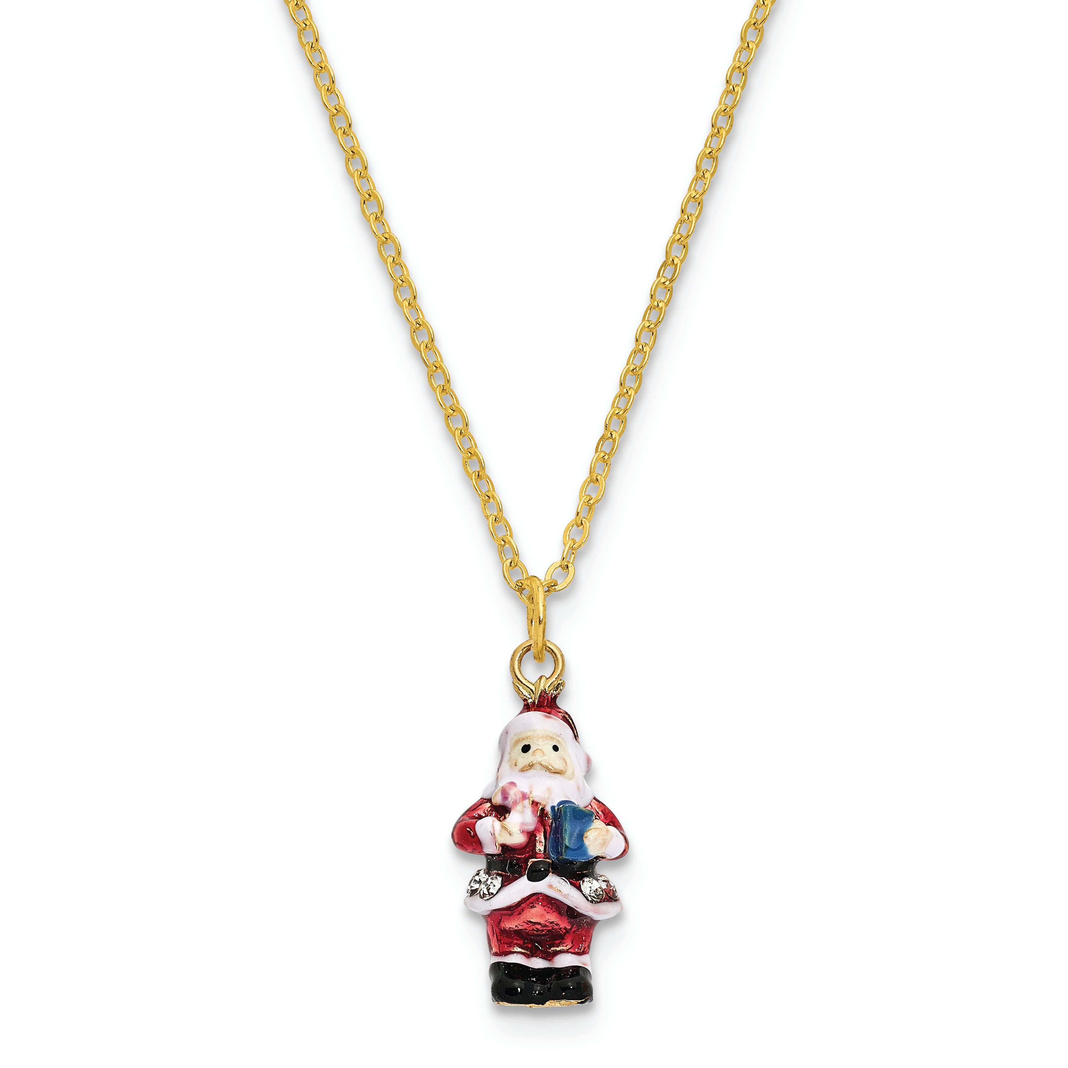 Luxury Giftware by Jere Bejeweled Crystals Gold-tone Enameled CHRISTMAS CALLER Santa Claus Trinket Box with Matching 18 Inch Necklace