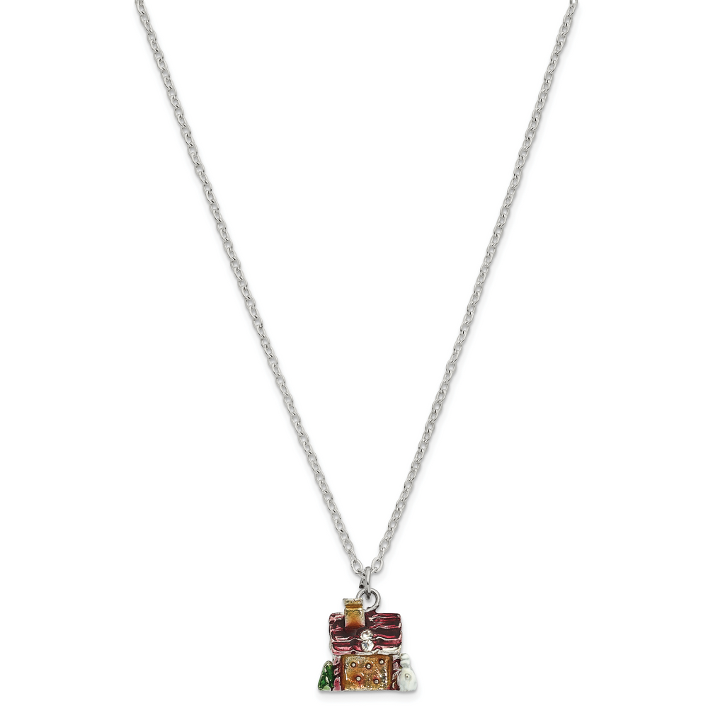 Luxury Giftware by Jere Bejeweled Crystals Silver-tone Enameled LEBKUCHENHAUS Gingerbread House Trinket Box with Matching 18 Inch Necklace