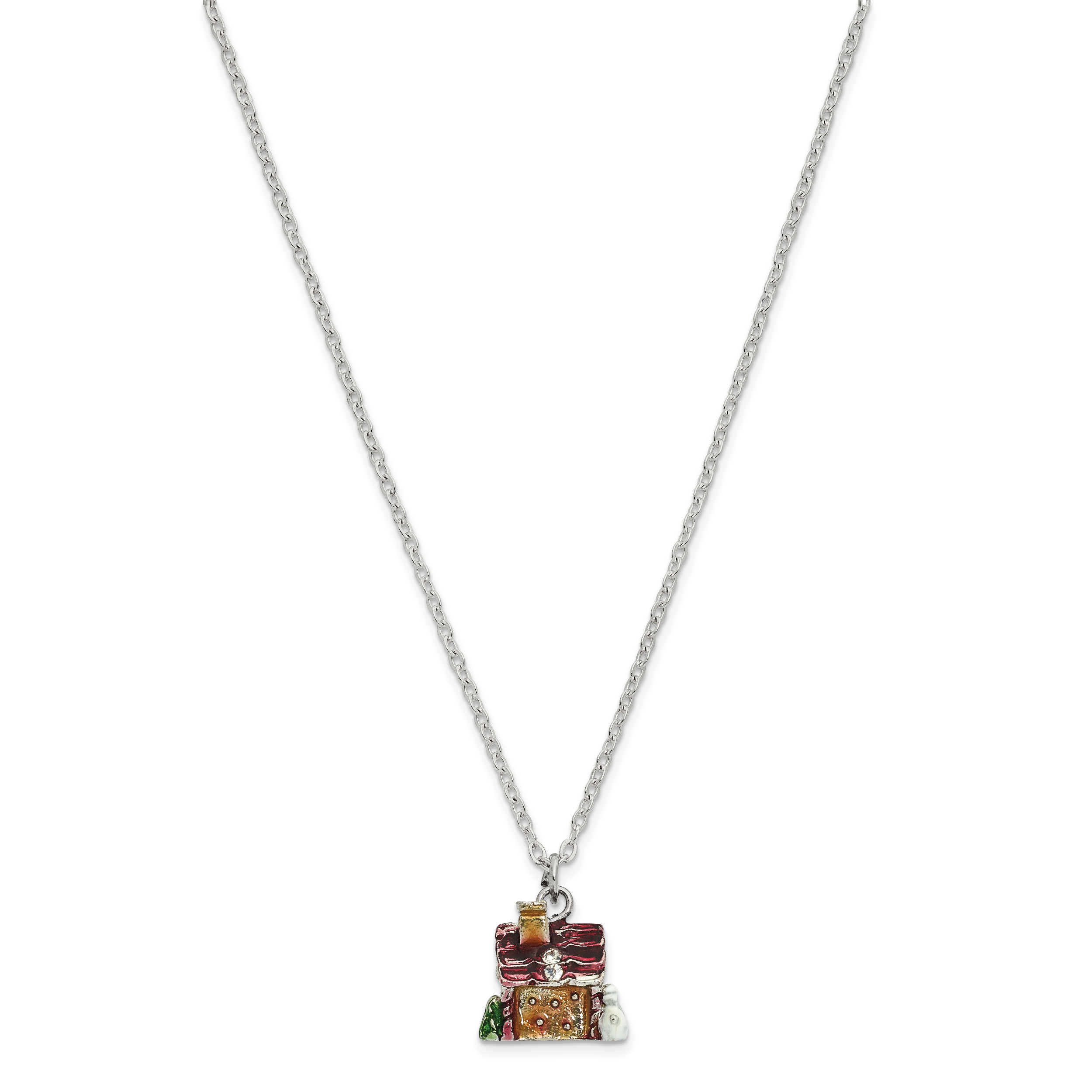 Luxury Giftware by Jere Bejeweled Crystals Silver-tone Enameled LEBKUCHENHAUS Gingerbread House Trinket Box with Matching 18 Inch Necklace