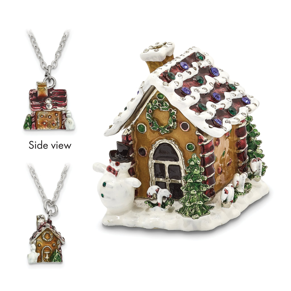 Luxury Giftware by Jere Bejeweled Crystals Silver-tone Enameled LEBKUCHENHAUS Gingerbread House Trinket Box with Matching 18 Inch Necklace