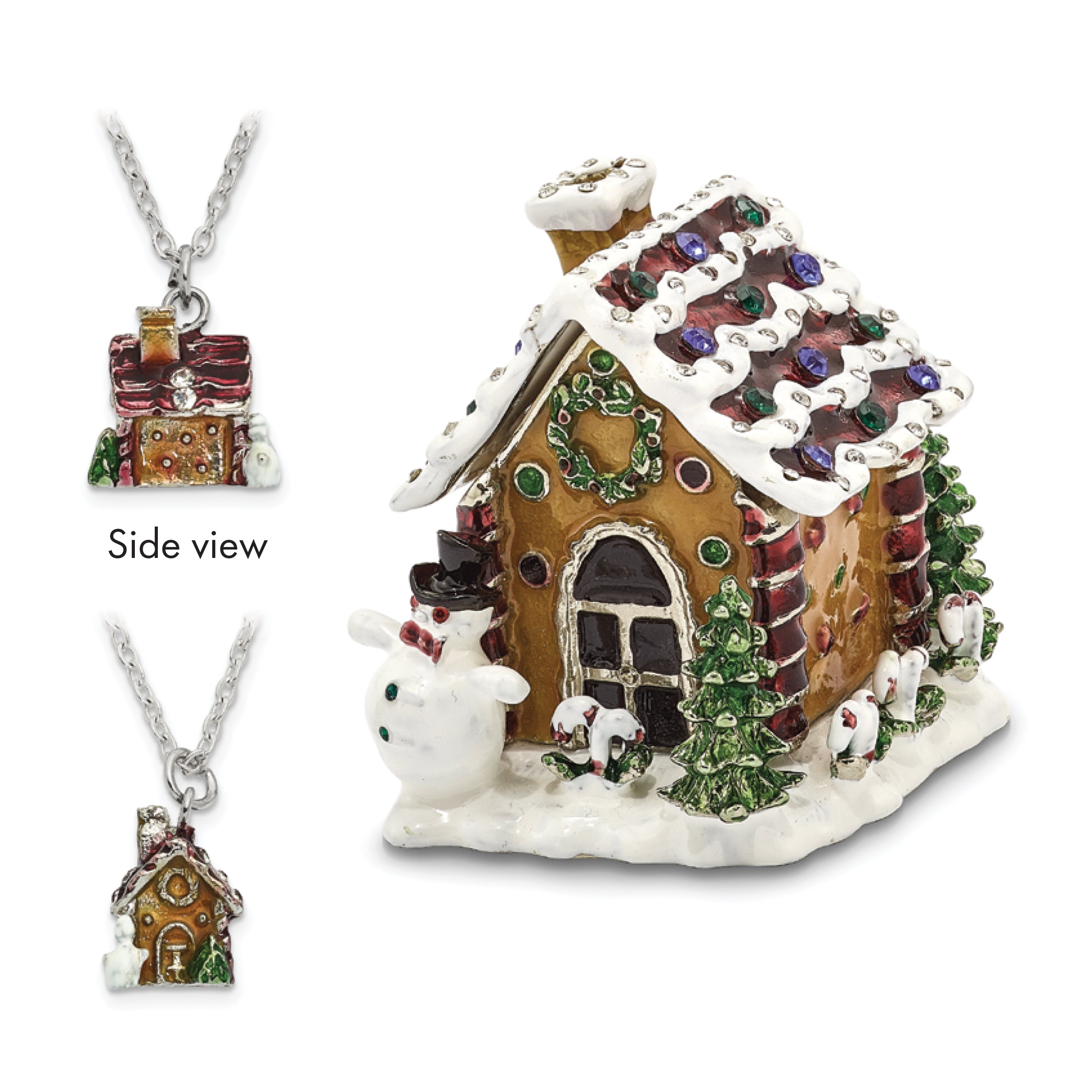 Luxury Giftware by Jere Bejeweled Crystals Silver-tone Enameled LEBKUCHENHAUS Gingerbread House Trinket Box with Matching 18 Inch Necklace