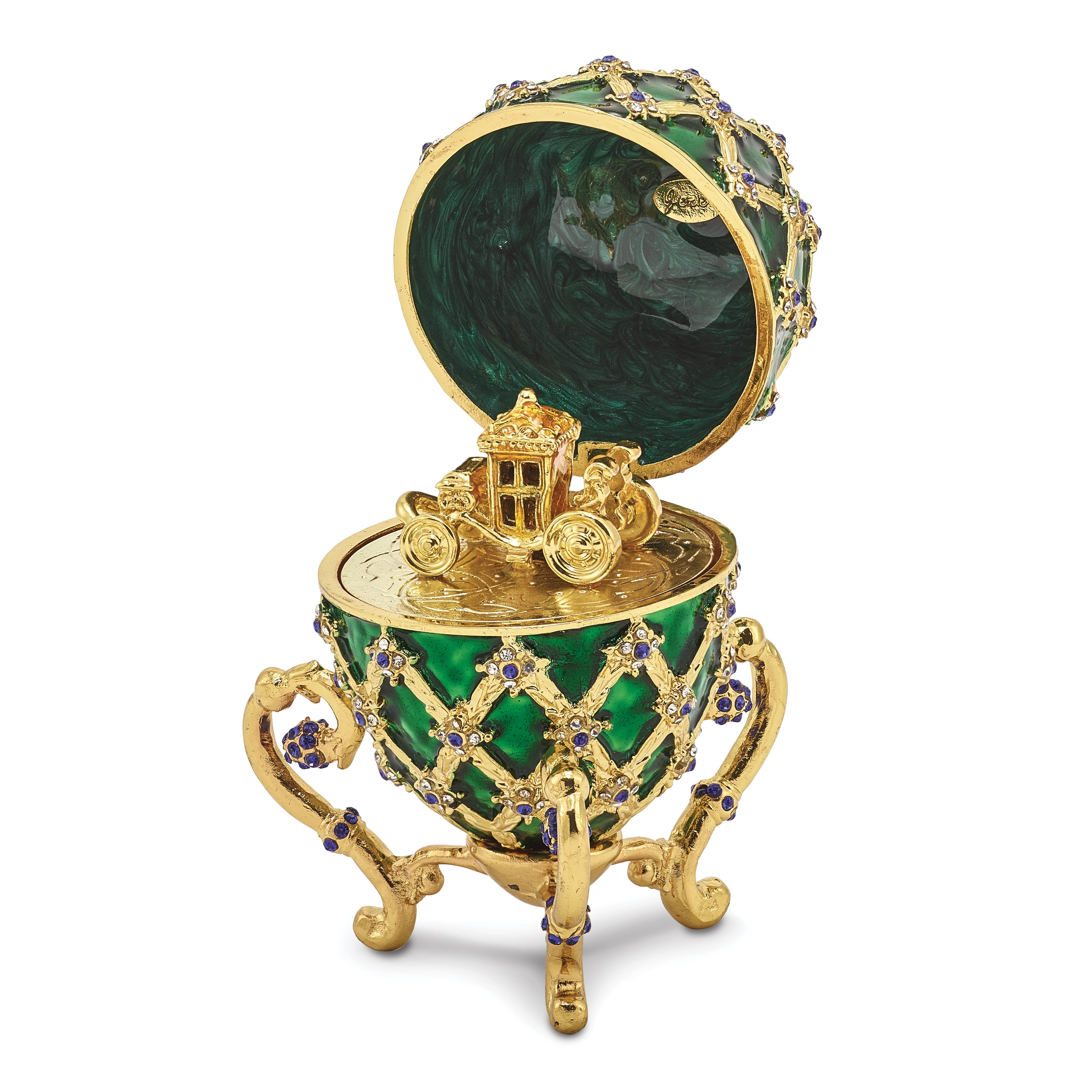 Luxury Giftware Pewter Bejeweled Crystals Gold-tone Enameled ROYAL COACH With Ring Holder and Coach Inside Egg with Matching 18 Inch Necklace