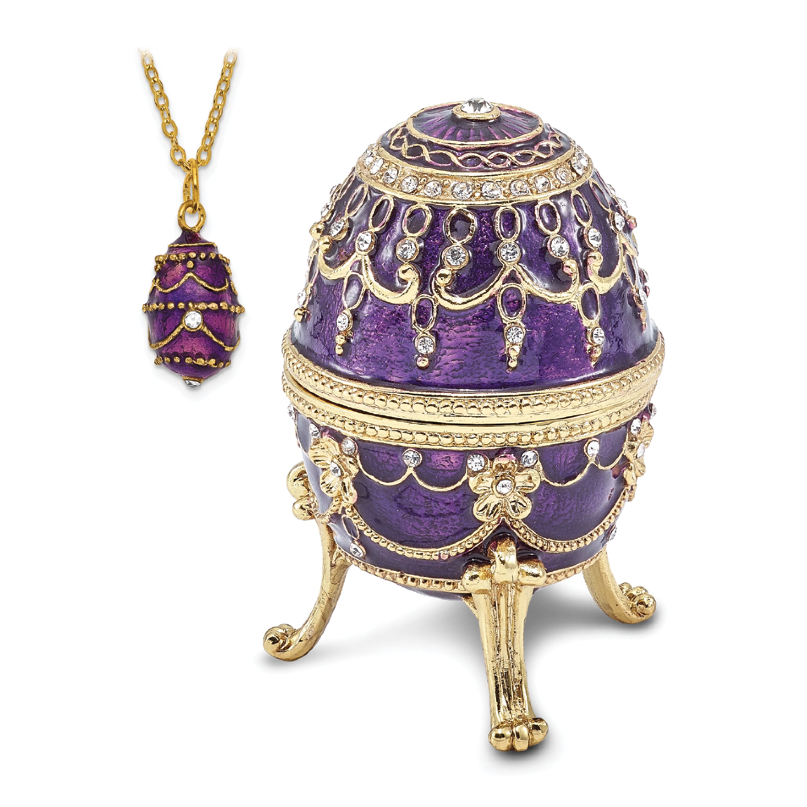 Luxury Giftware by Jere Pewter Bejeweled Crystals Gold-tone Enameled IMPERIAL PURPLE (Plays Unchained Melody) Musical Egg with Matching 18 Inch Necklace