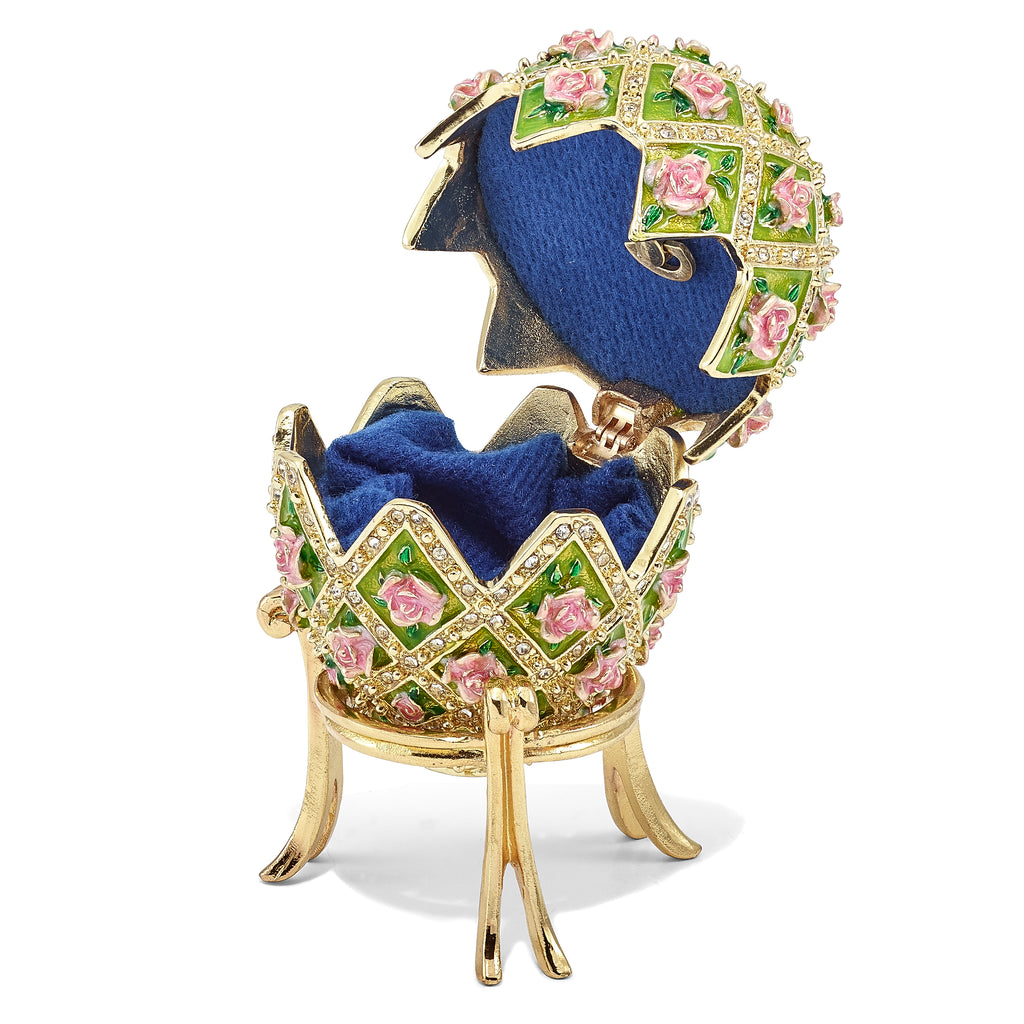 Luxury Giftware by Jere Pewter Bejeweled Crystals Gold-tone Enameled ROSE GARDEN Floral (Plays Memory) Musical Egg with Matching 18 Inch Necklace
