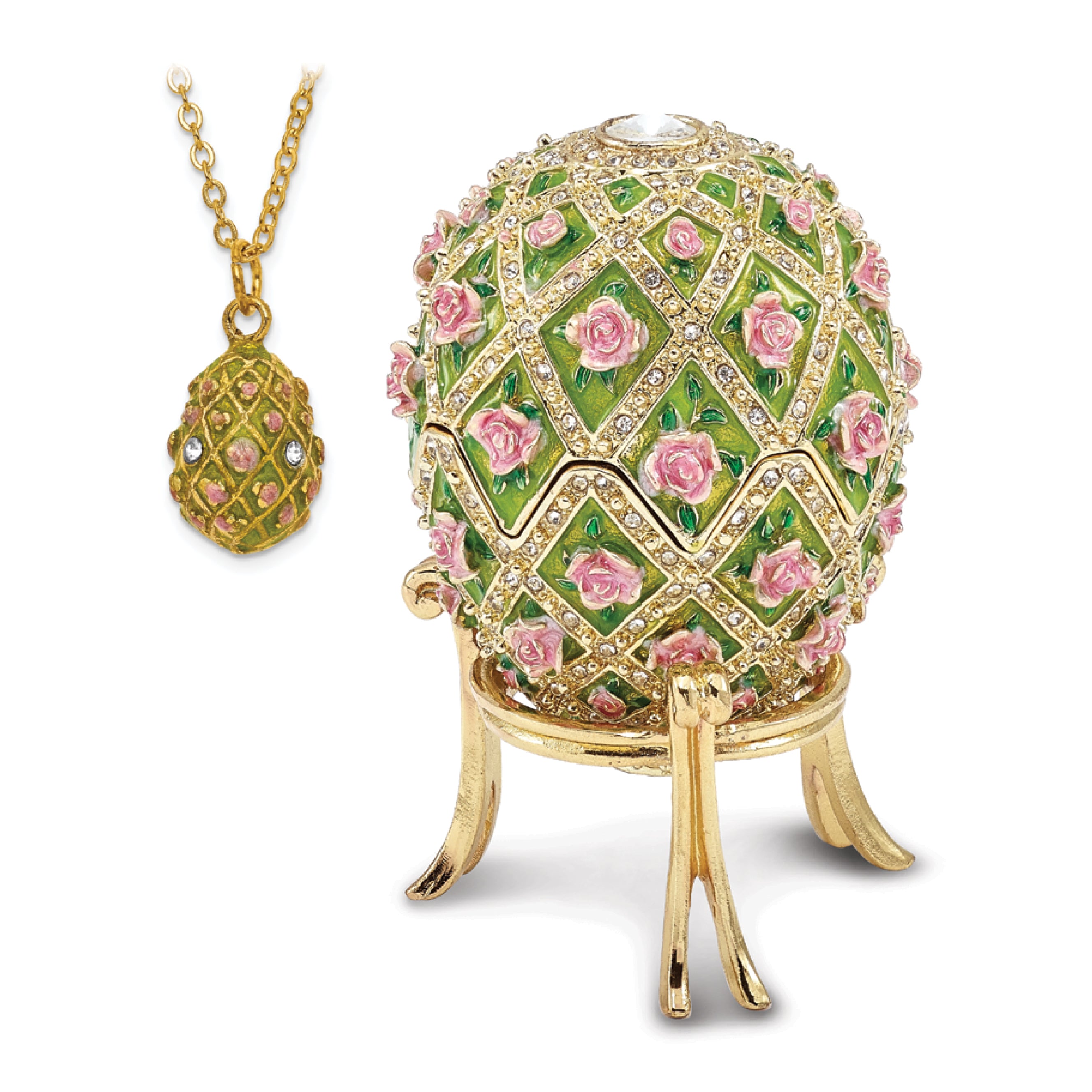 Luxury Giftware by Jere Pewter Bejeweled Crystals Gold-tone Enameled ROSE GARDEN Floral (Plays Memory) Musical Egg with Matching 18 Inch Necklace