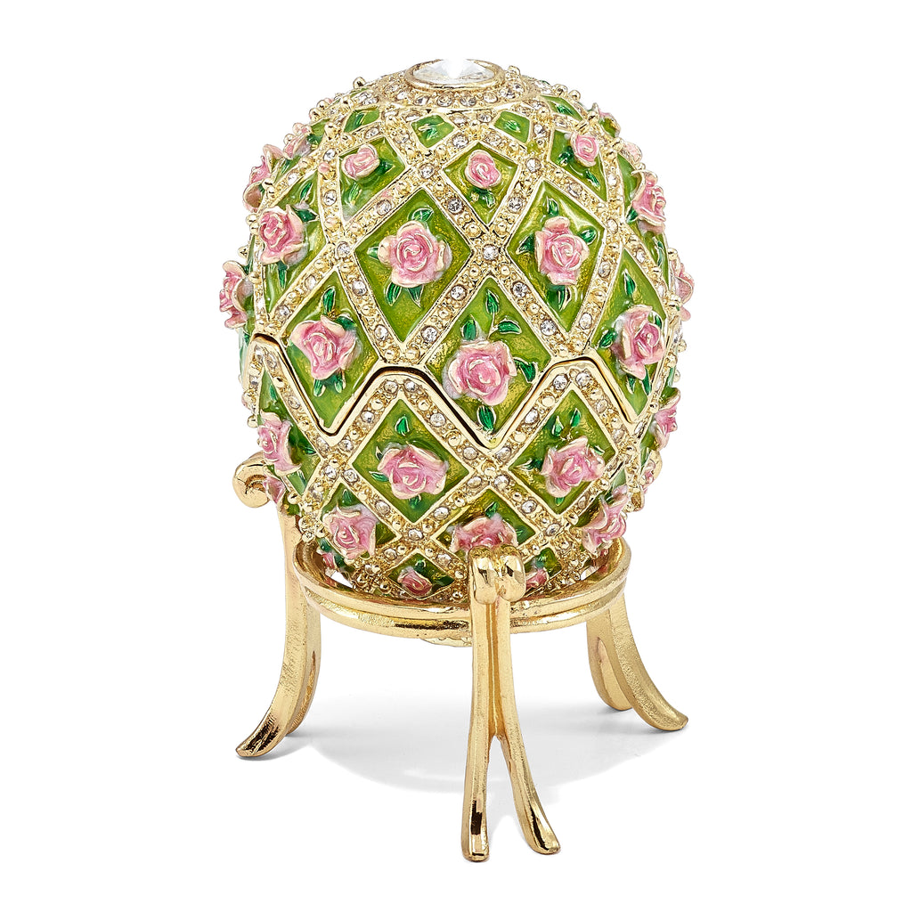 Luxury Giftware by Jere Pewter Bejeweled Crystals Gold-tone Enameled ROSE GARDEN Floral (Plays Memory) Musical Egg with Matching 18 Inch Necklace