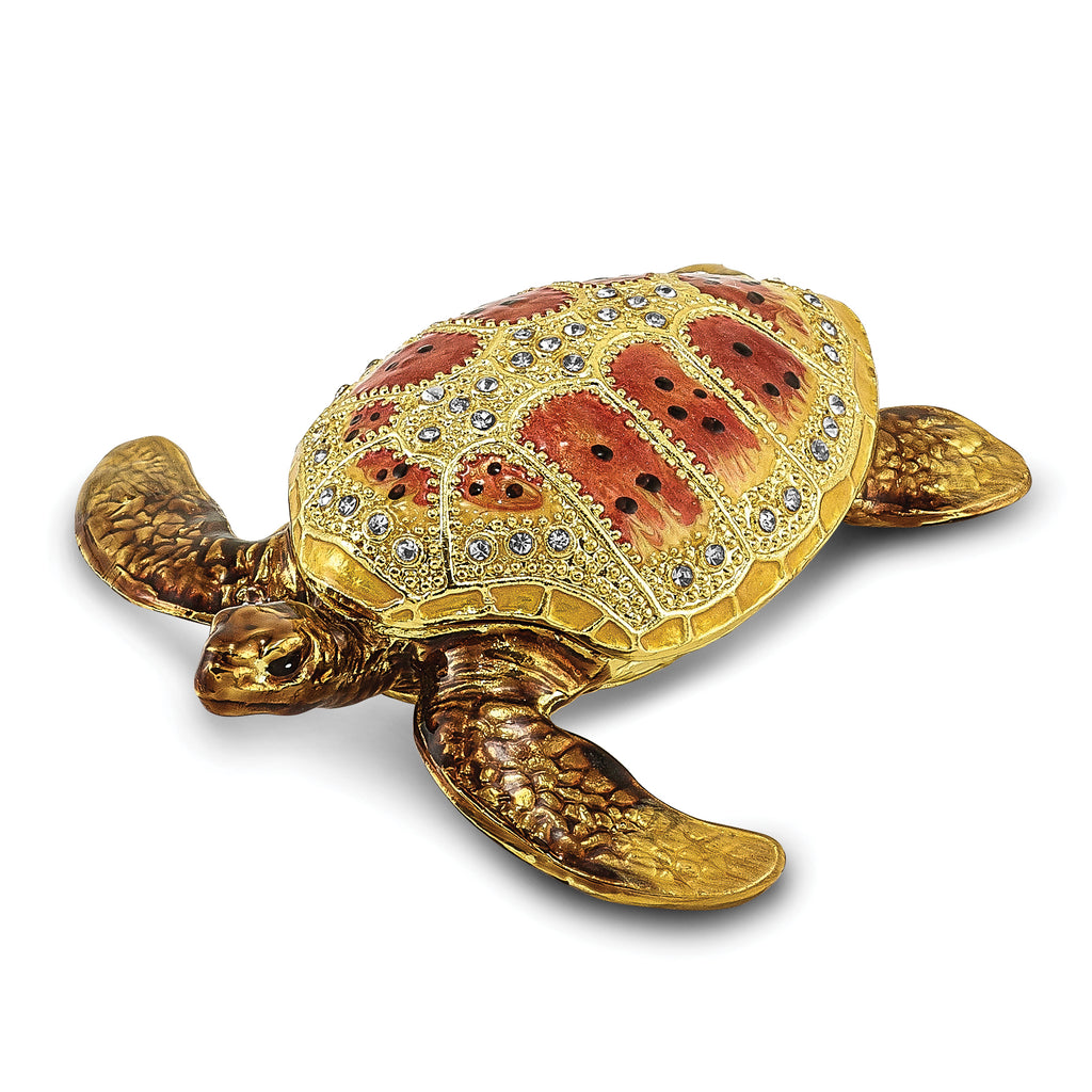 Luxury Giftware by Jere Pewter Bejeweled Crystals Gold-tone Enameled PALM BEACH Loggerhead Sea Turtle Trinket Box with Matching 18 Inch Necklace