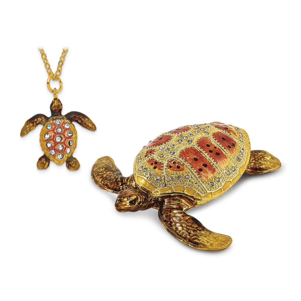 Luxury Giftware by Jere Pewter Bejeweled Crystals Gold-tone Enameled PALM BEACH Loggerhead Sea Turtle Trinket Box with Matching 18 Inch Necklace