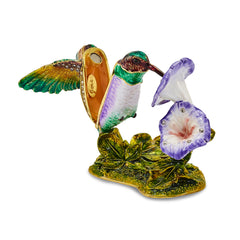 Luxury Giftware by Jere Pewter Bejeweled Crystals Gold-tone Enameled STELLA Hummingbird & Morning Glory Trinket Box with Matching 18 Inch Necklace