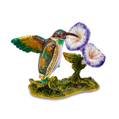 Luxury Giftware by Jere Pewter Bejeweled Crystals Gold-tone Enameled STELLA Hummingbird & Morning Glory Trinket Box with Matching 18 Inch Necklace