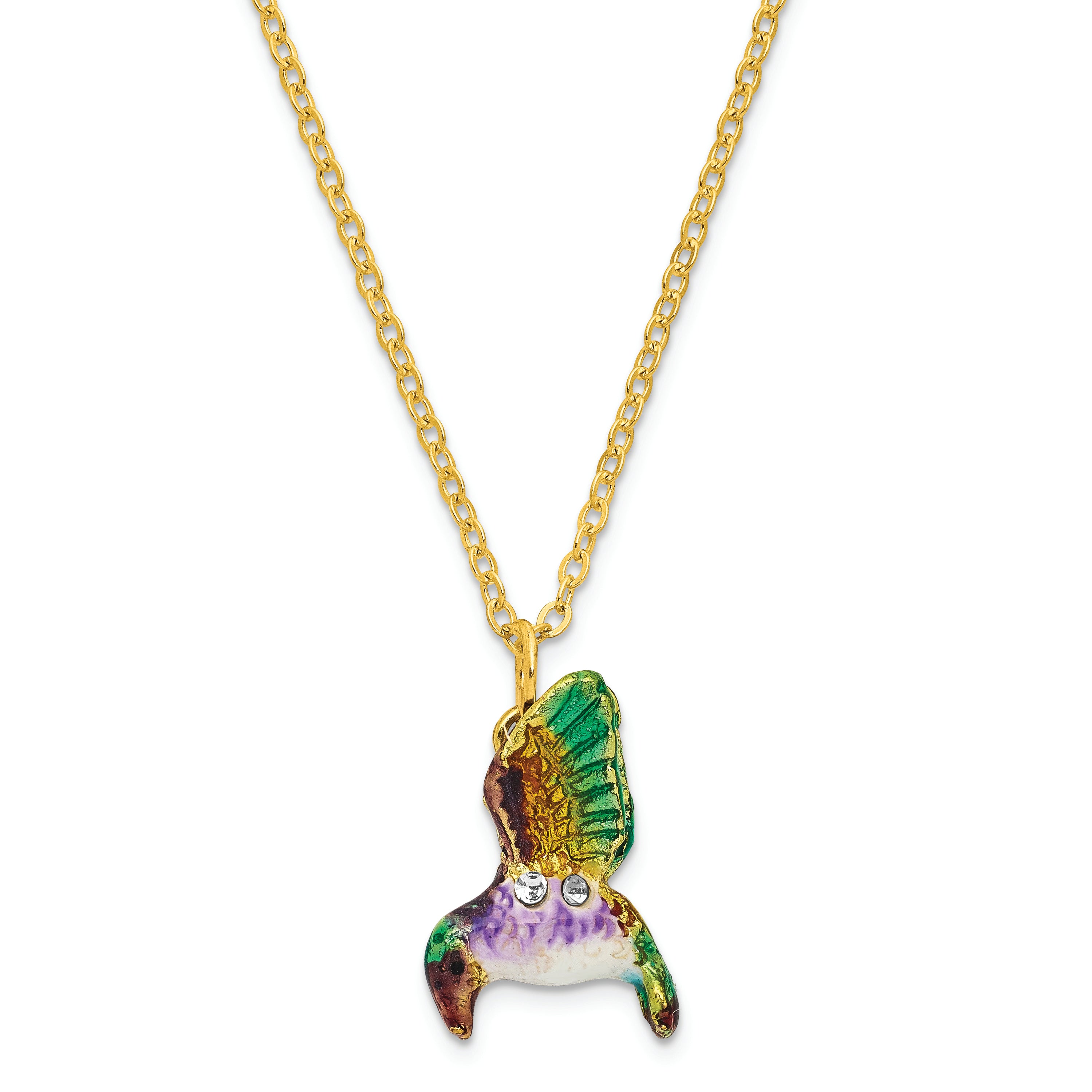 Luxury Giftware by Jere Pewter Bejeweled Crystals Gold-tone Enameled STELLA Hummingbird & Morning Glory Trinket Box with Matching 18 Inch Necklace