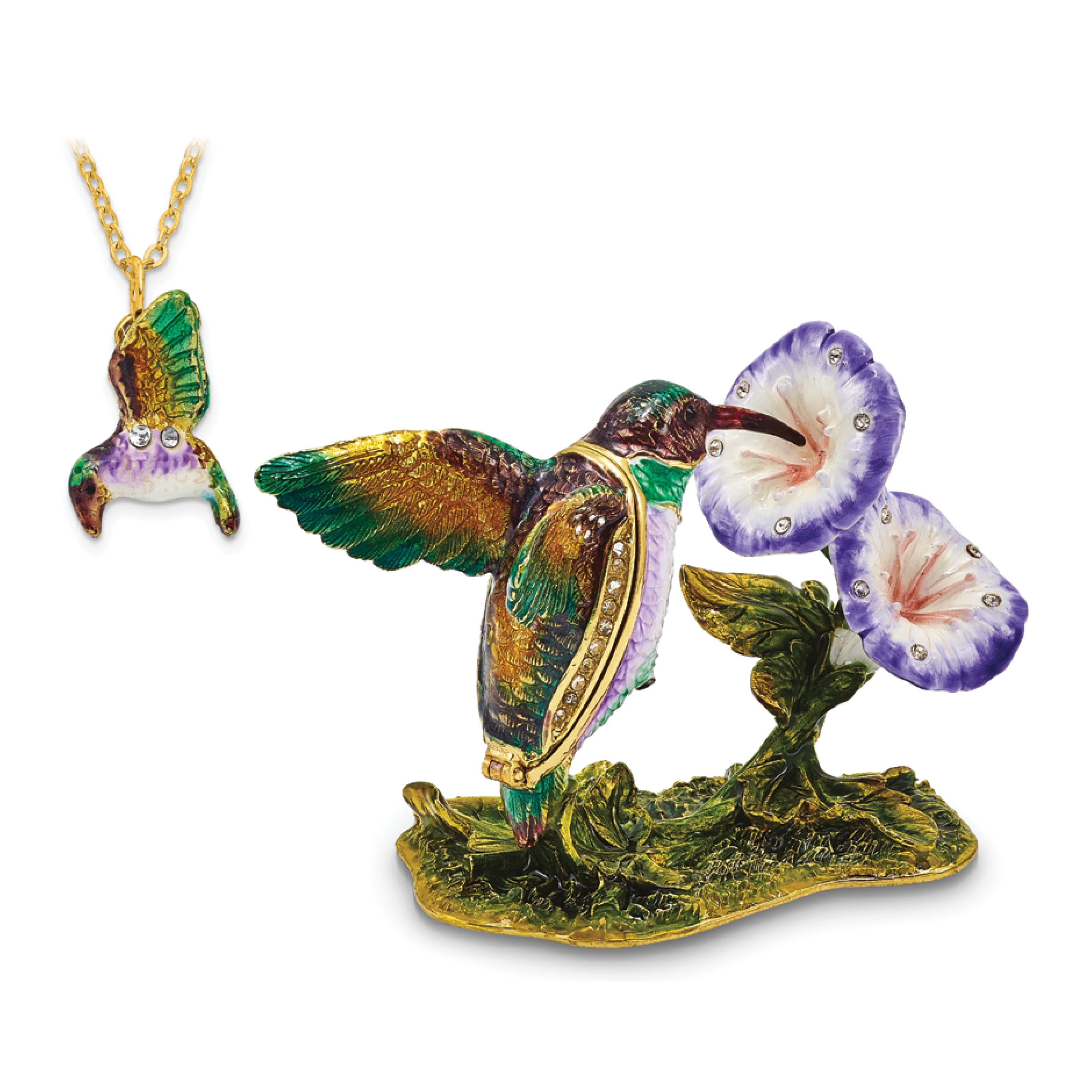 Luxury Giftware by Jere Pewter Bejeweled Crystals Gold-tone Enameled STELLA Hummingbird & Morning Glory Trinket Box with Matching 18 Inch Necklace