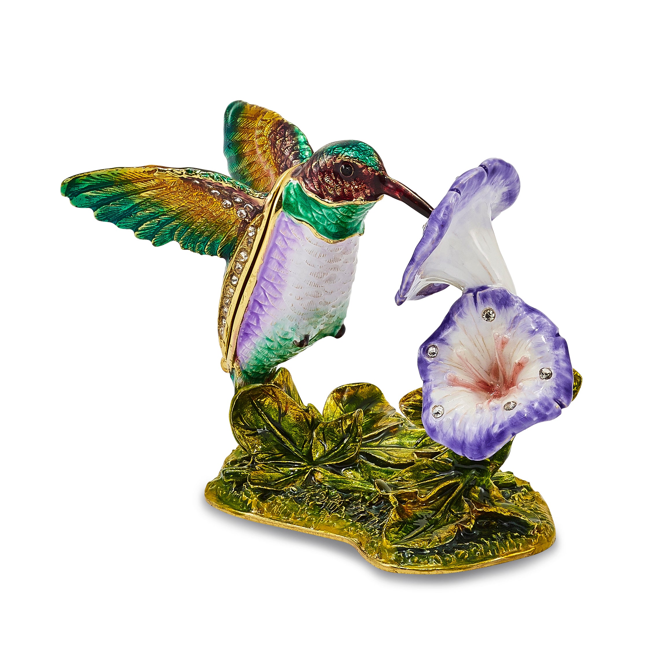 Luxury Giftware by Jere Pewter Bejeweled Crystals Gold-tone Enameled STELLA Hummingbird & Morning Glory Trinket Box with Matching 18 Inch Necklace
