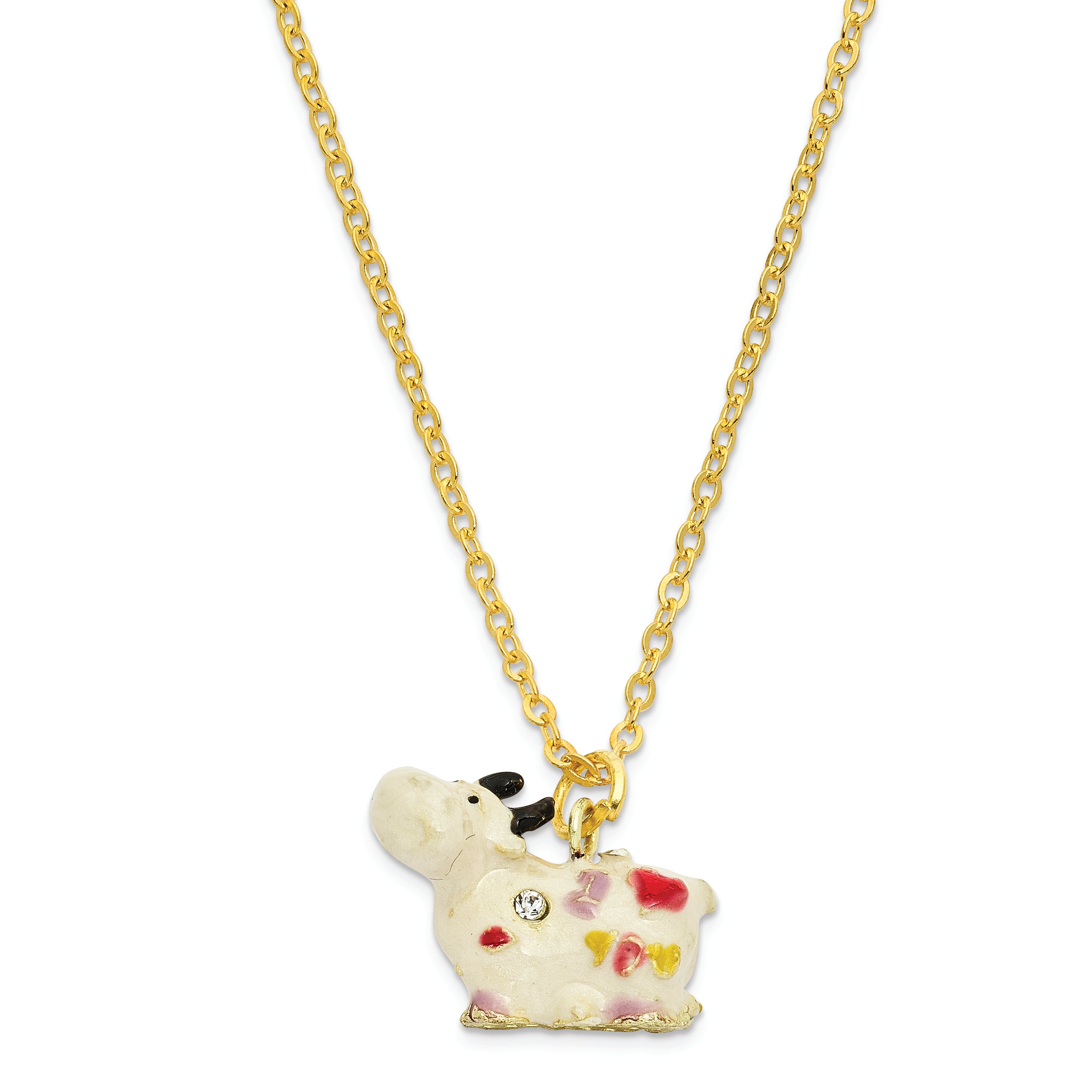 Luxury Giftware by Jere Pewter Bejeweled Crystals Gold-tone Enameled I LOVE YOU Cow Trinket Box with Matching 18 Inch Necklace