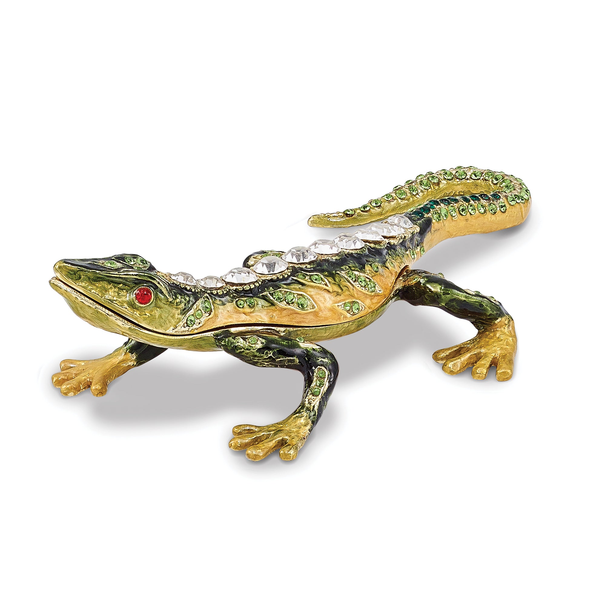 Luxury Giftware Pewter Bejeweled Crystals Gold-tone Enameled ROCKY Rain Forest Lizard Trinket Box with Matching 18 Inch Necklace Main image