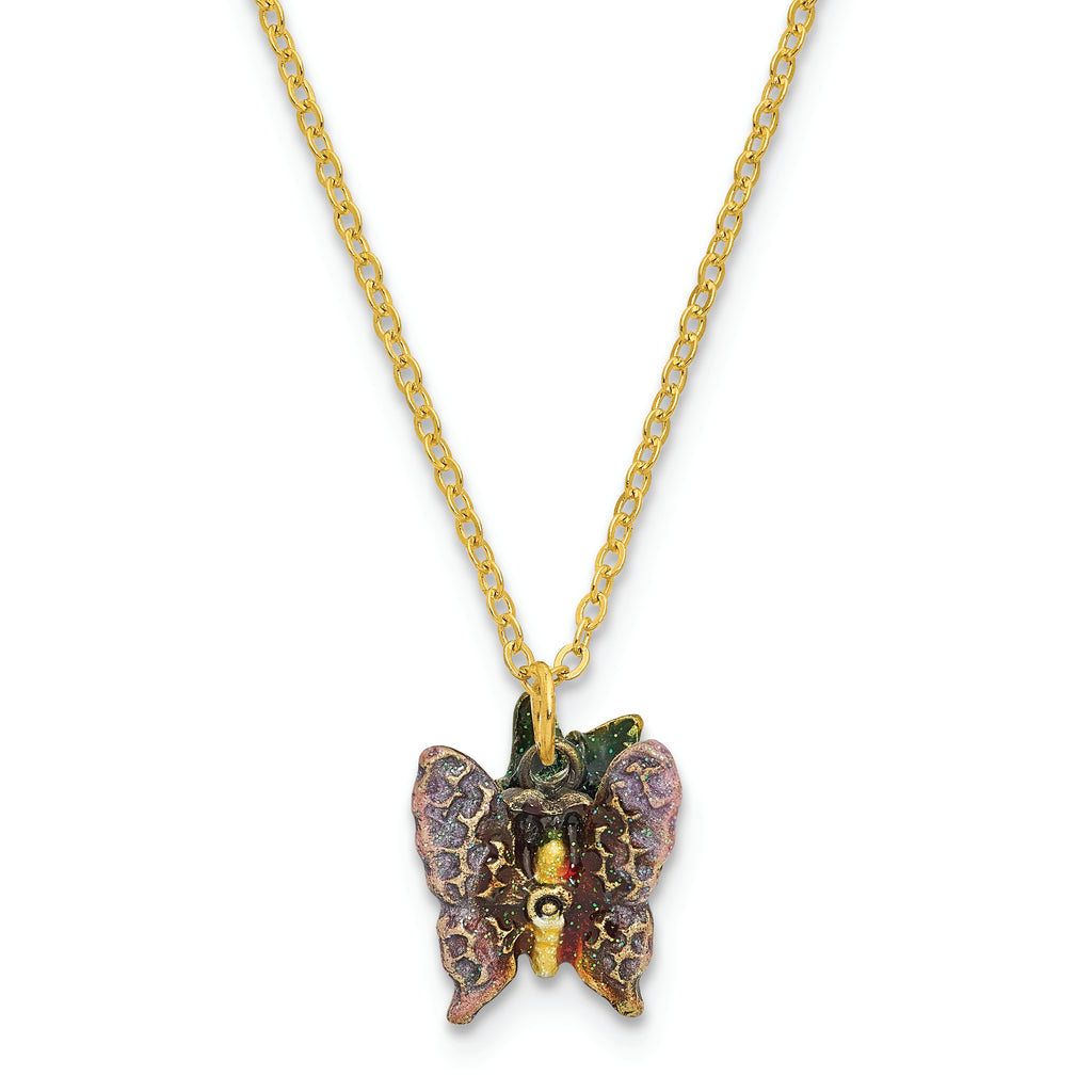Luxury Giftware Pewter Bejeweled Crystals Gold-tone Enameled SANGRIA Butterfly Box Trinket Box with Matching 18 Inch Necklace