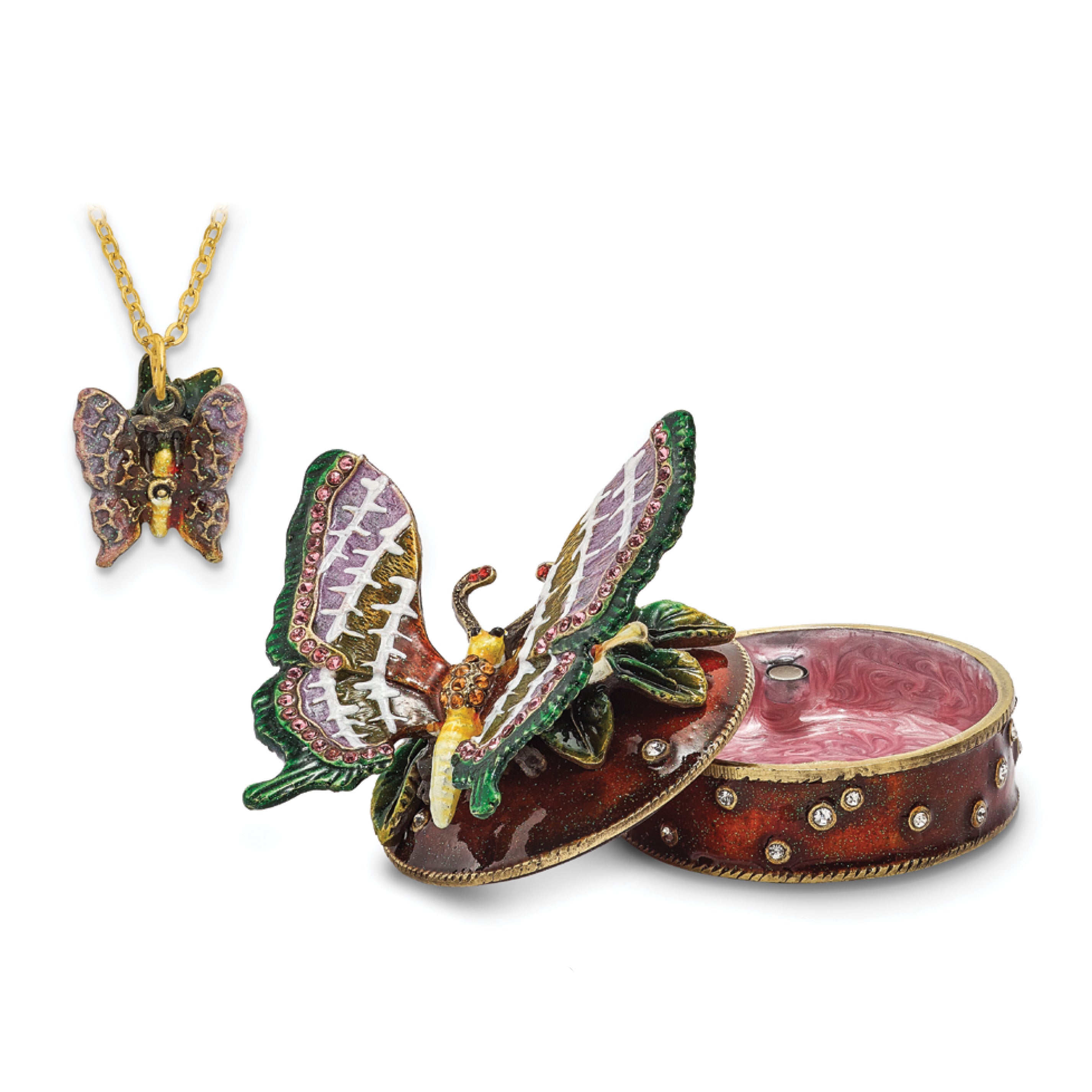 Luxury Giftware Pewter Bejeweled Crystals Gold-tone Enameled SANGRIA Butterfly Box Trinket Box with Matching 18 Inch Necklace