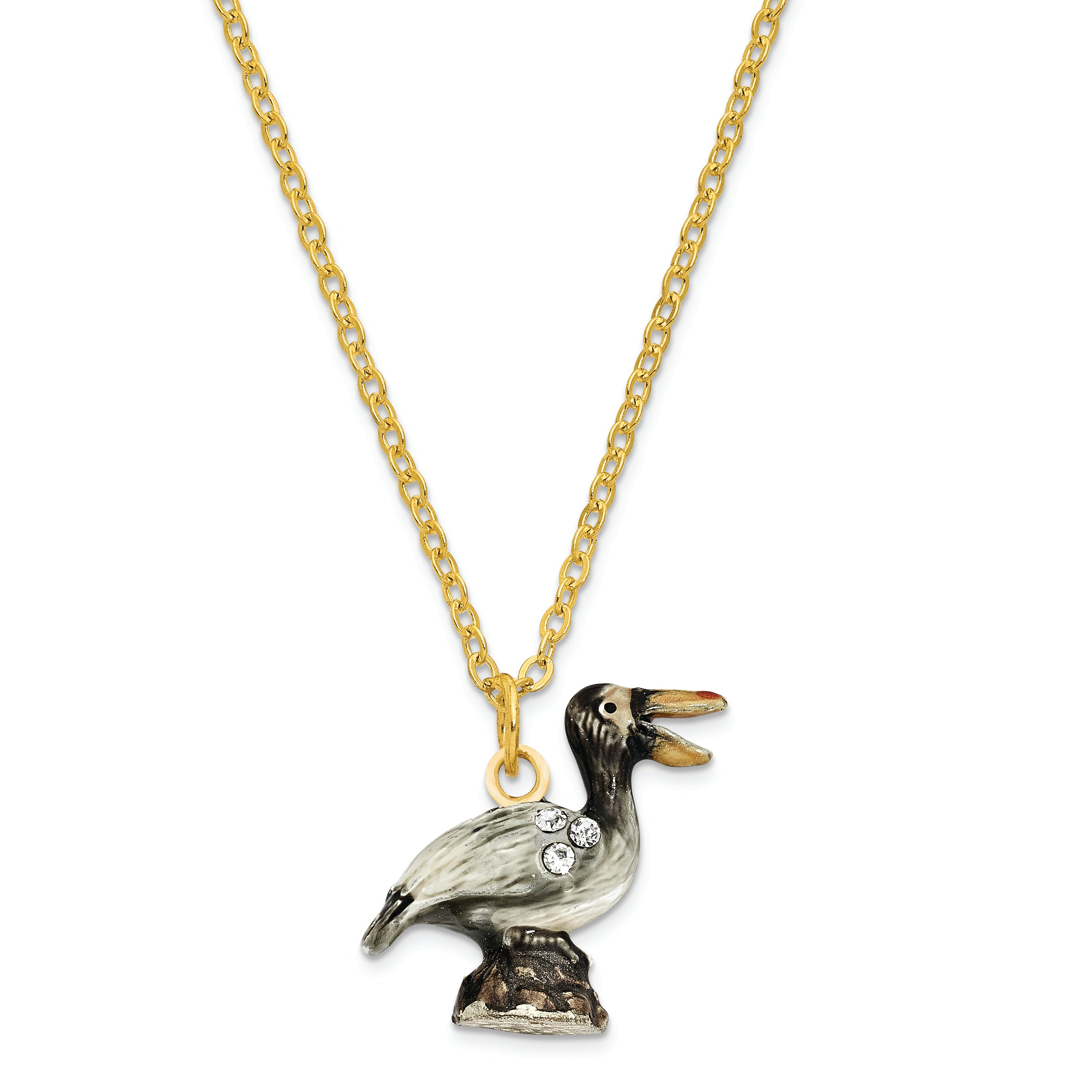 Luxury Giftware by Jere Pewter Bejeweled Crystals Gold-tone Enameled PATSY Pelican on Rocks Trinket Box with Matching 18 Inch Necklace