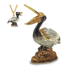Luxury Giftware by Jere Pewter Bejeweled Crystals Gold-tone Enameled PATSY Pelican on Rocks Trinket Box with Matching 18 Inch Necklace