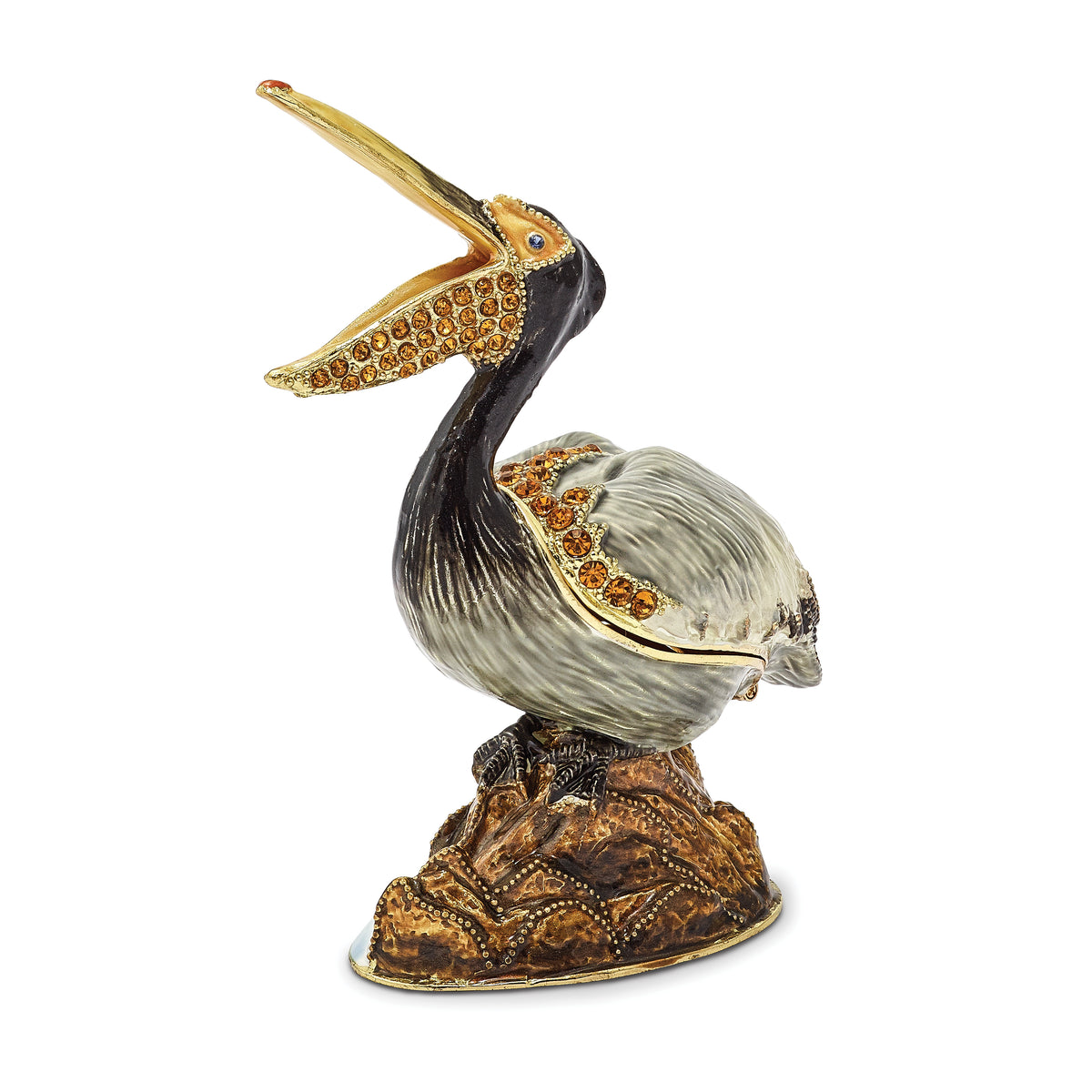 Luxury Giftware by Jere Pewter Bejeweled Crystals Gold-tone Enameled PATSY Pelican on Rocks Trinket Box with Matching 18 Inch Necklace