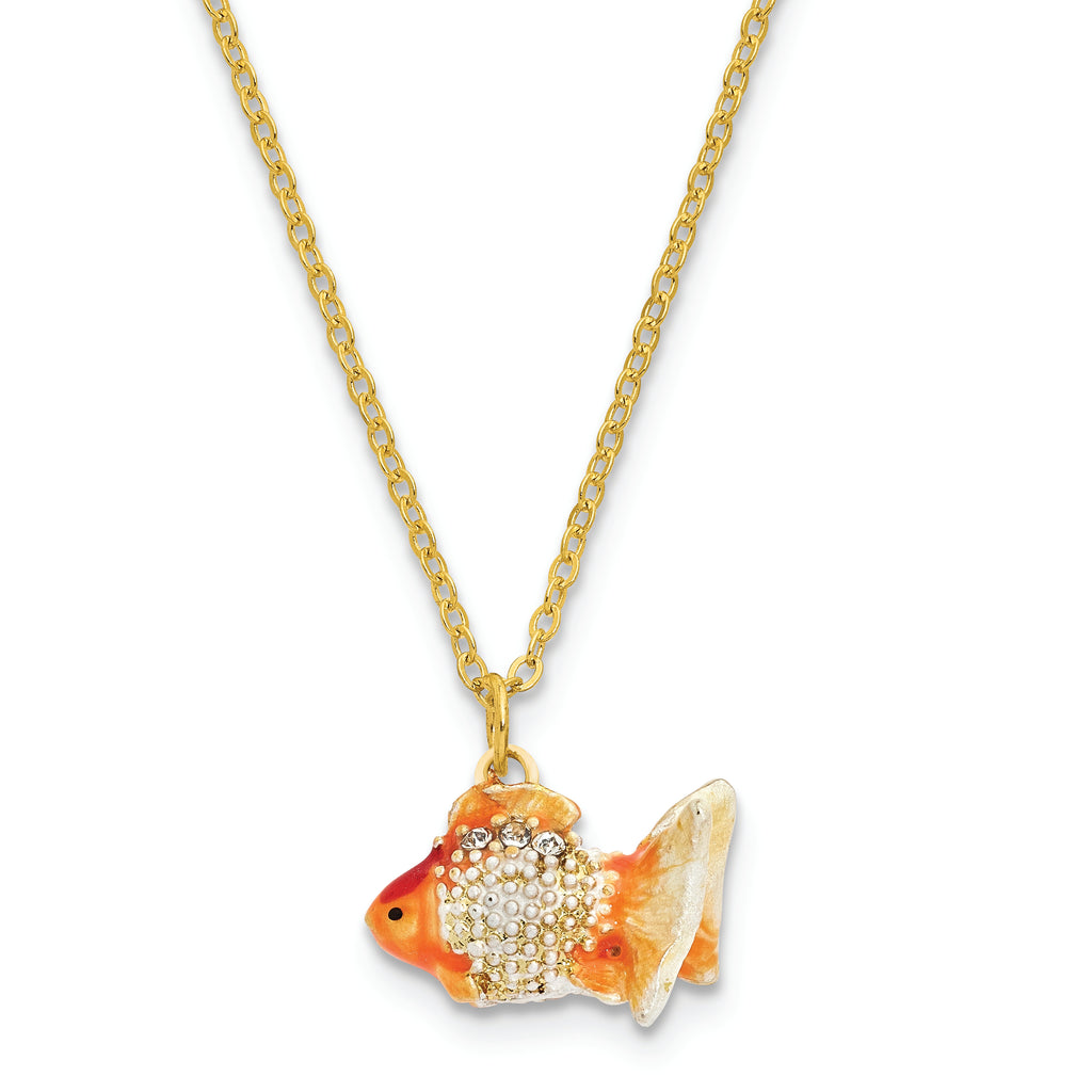 Luxury Giftware Pewter Bejeweled Imitation Pearls and Crystals Gold-tone Enameled KATIE Kissing Fish Trinket Box with Matching 18 Inch Necklace