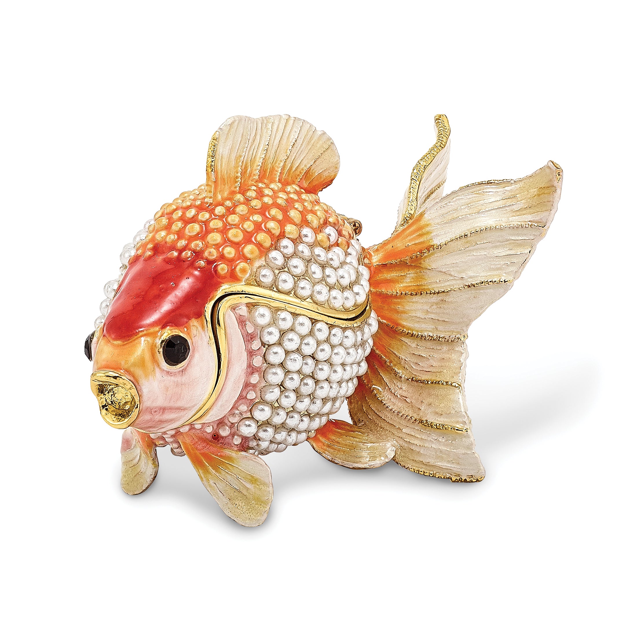 Luxury Giftware Pewter Bejeweled Imitation Pearls and Crystals Gold-tone Enameled KATIE Kissing Fish Trinket Box with Matching 18 Inch Necklace Main image