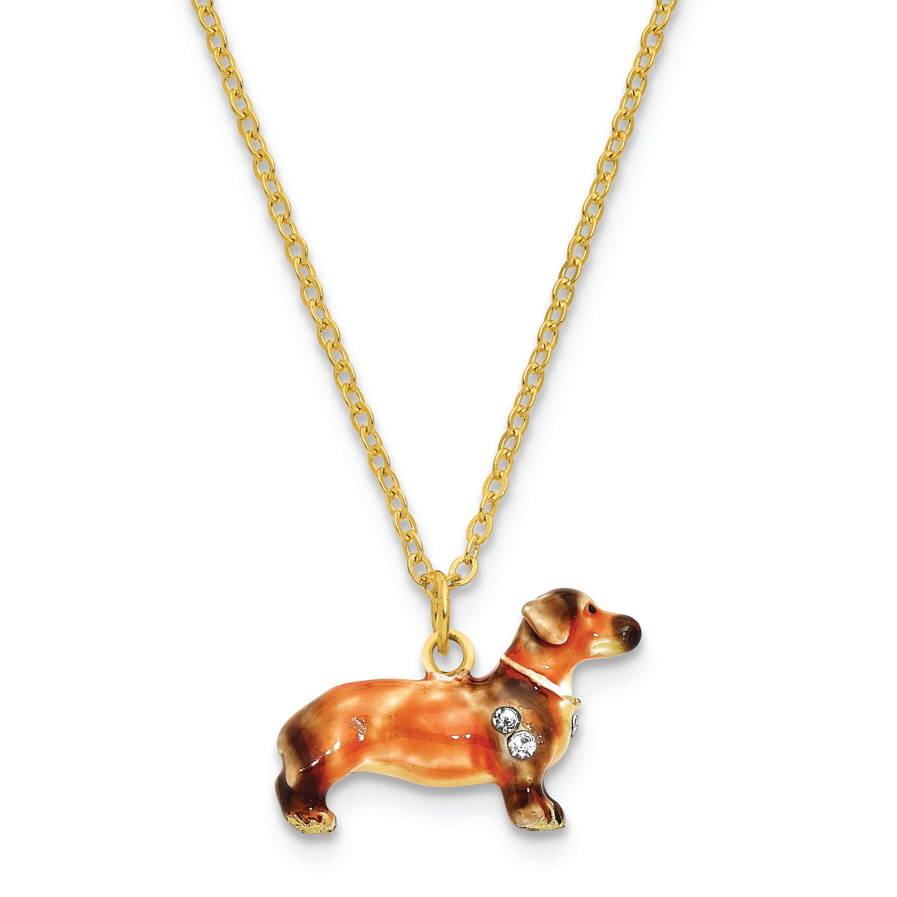 Luxury Giftware by Jere Pewter Bejeweled Crystals Gold-tone Enameled OSCAR Dachshund Trinket Box with Matching 18 Inch Necklace