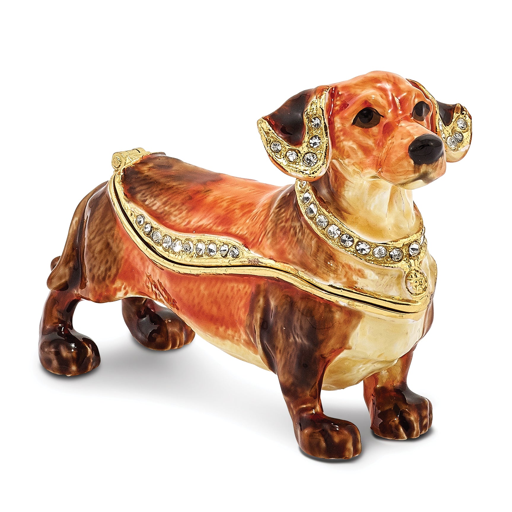 Luxury Giftware by Jere Pewter Bejeweled Crystals Gold-tone Enameled OSCAR Dachshund Trinket Box with Matching 18 Inch Necklace