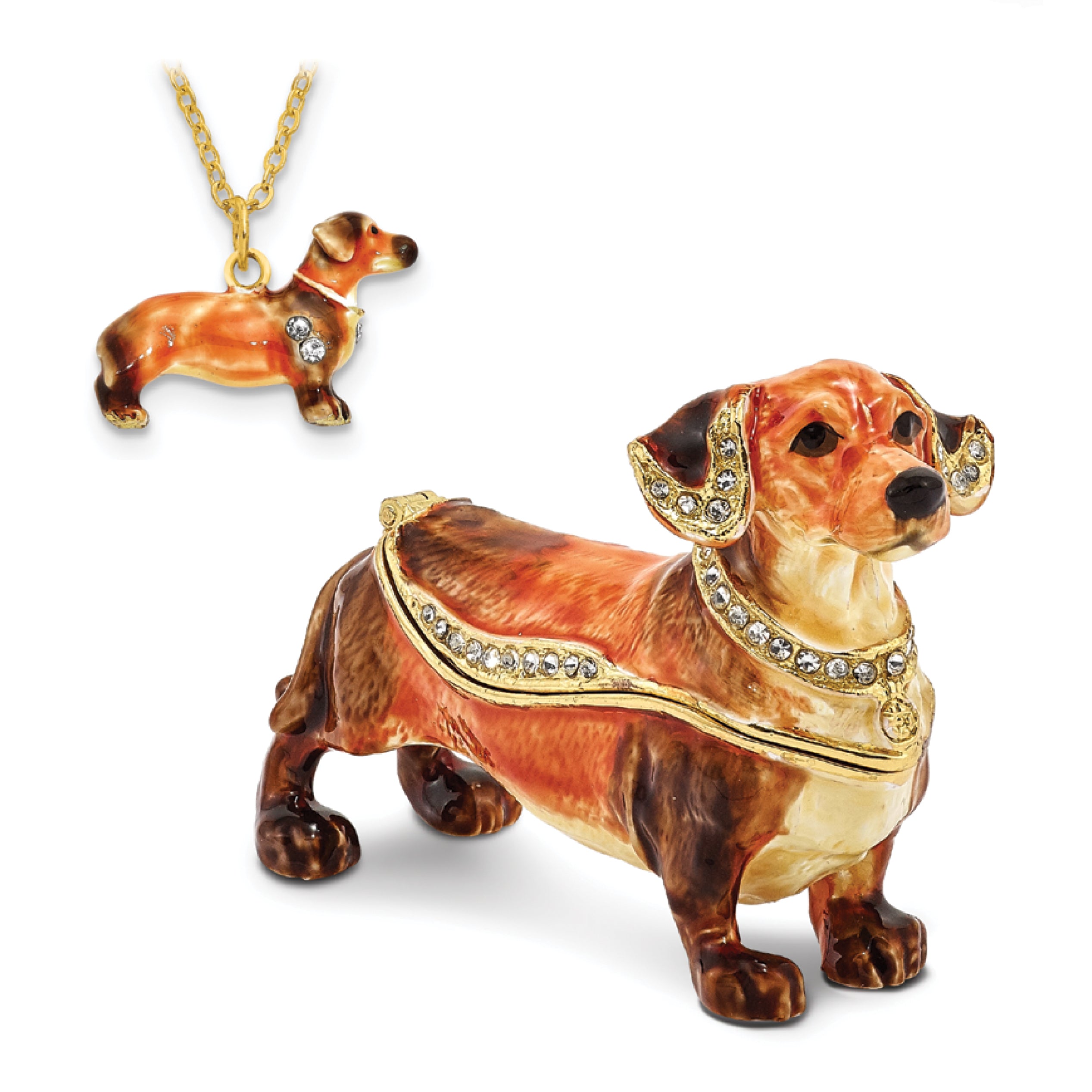 Luxury Giftware by Jere Pewter Bejeweled Crystals Gold-tone Enameled OSCAR Dachshund Trinket Box with Matching 18 Inch Necklace