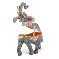 Luxury Giftware by Jere Pewter Bejeweled Crystals Gold-tone Enameled ZARA Trumpeting Elephant Trinket Box with Matching 18 Inch Necklace
