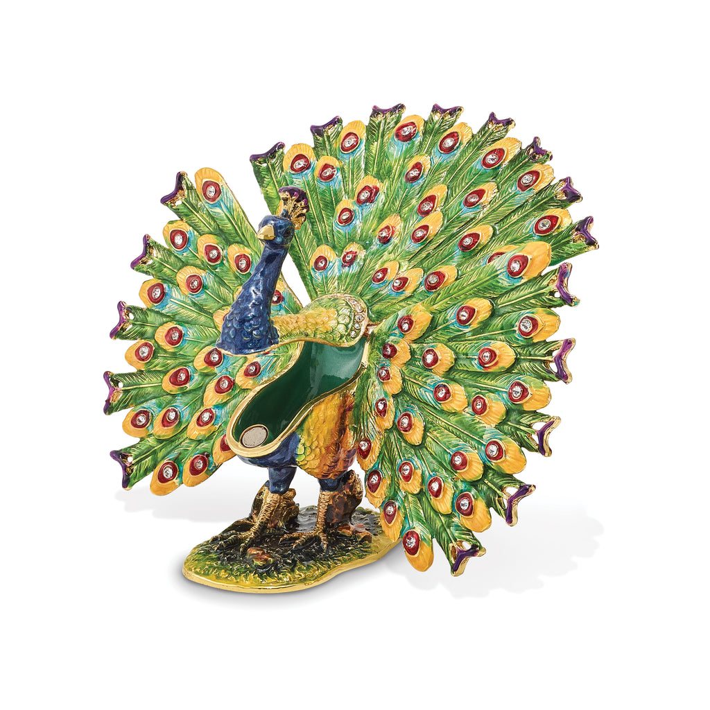 Luxury Giftware by Jere Pewter Bejeweled Crystals Gold-tone Enameled PROUD AS A PEACOCK Strutting Peacock Trinket Box with Matching 18 Inch Necklace