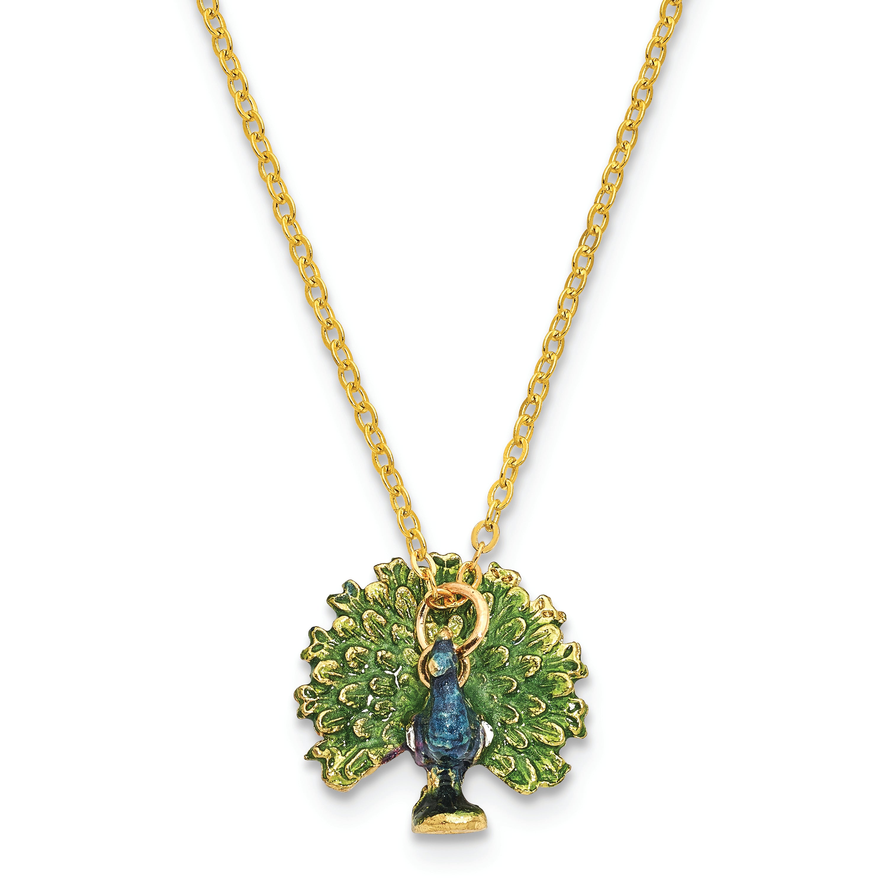 Luxury Giftware by Jere Pewter Bejeweled Crystals Gold-tone Enameled PROUD AS A PEACOCK Strutting Peacock Trinket Box with Matching 18 Inch Necklace