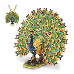 Luxury Giftware by Jere Pewter Bejeweled Crystals Gold-tone Enameled PROUD AS A PEACOCK Strutting Peacock Trinket Box with Matching 18 Inch Necklace
