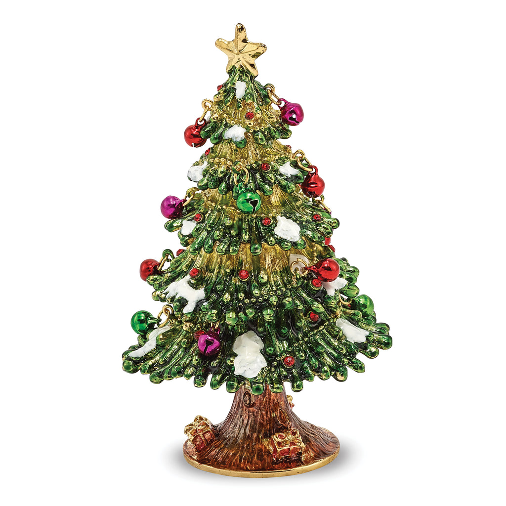 Luxury Giftwar by Jere Bejeweled Crystals Gold-tone Enameled DECK THE HALLS Christmas Tree Trinket Box with Matching 18 Inch Necklace