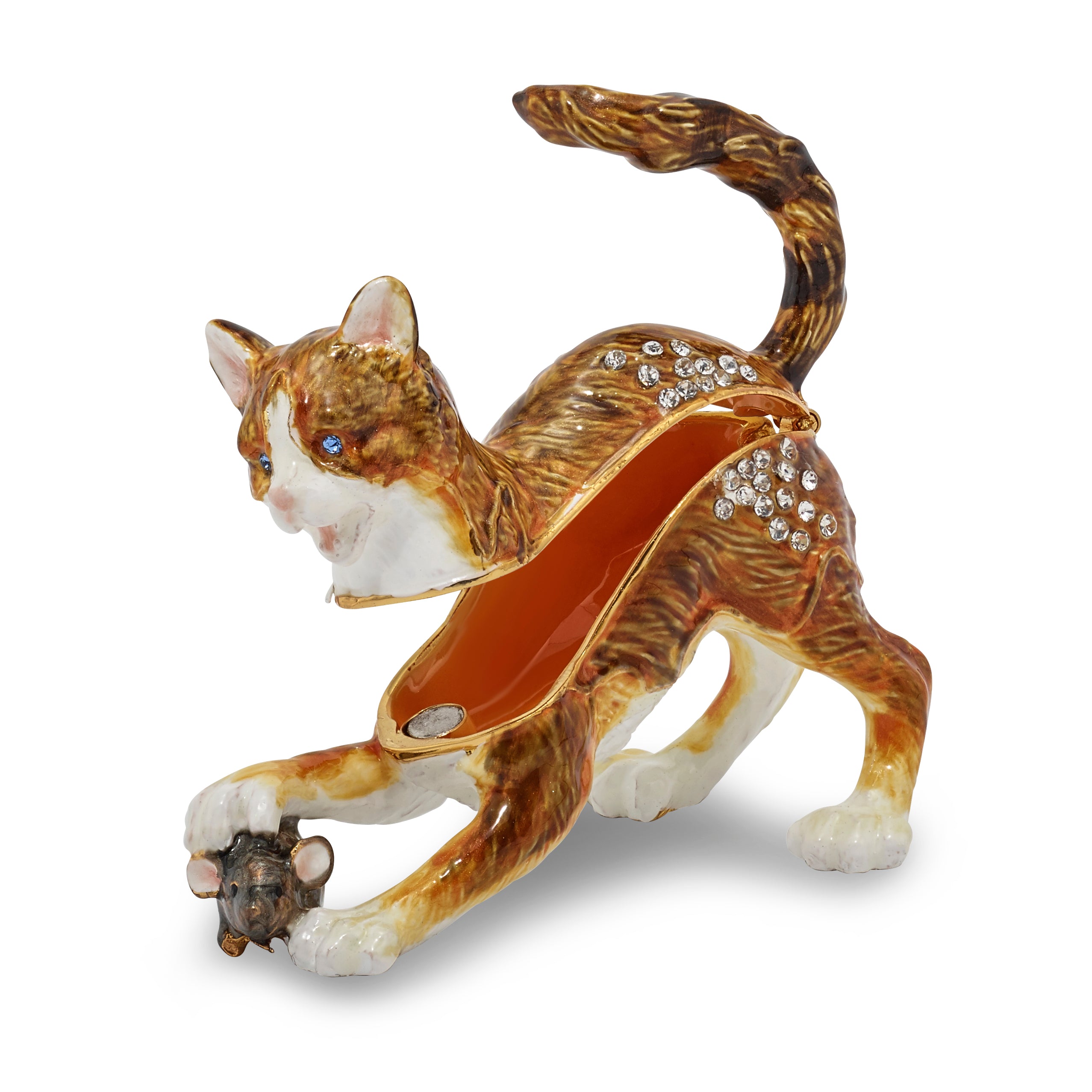 Luxury Giftware by Jere Pewter Bejeweled Crystals Gold-tone Enameled THOM & JERE Cat & Mouse Trinket Box with Matching 18 Inch Necklace