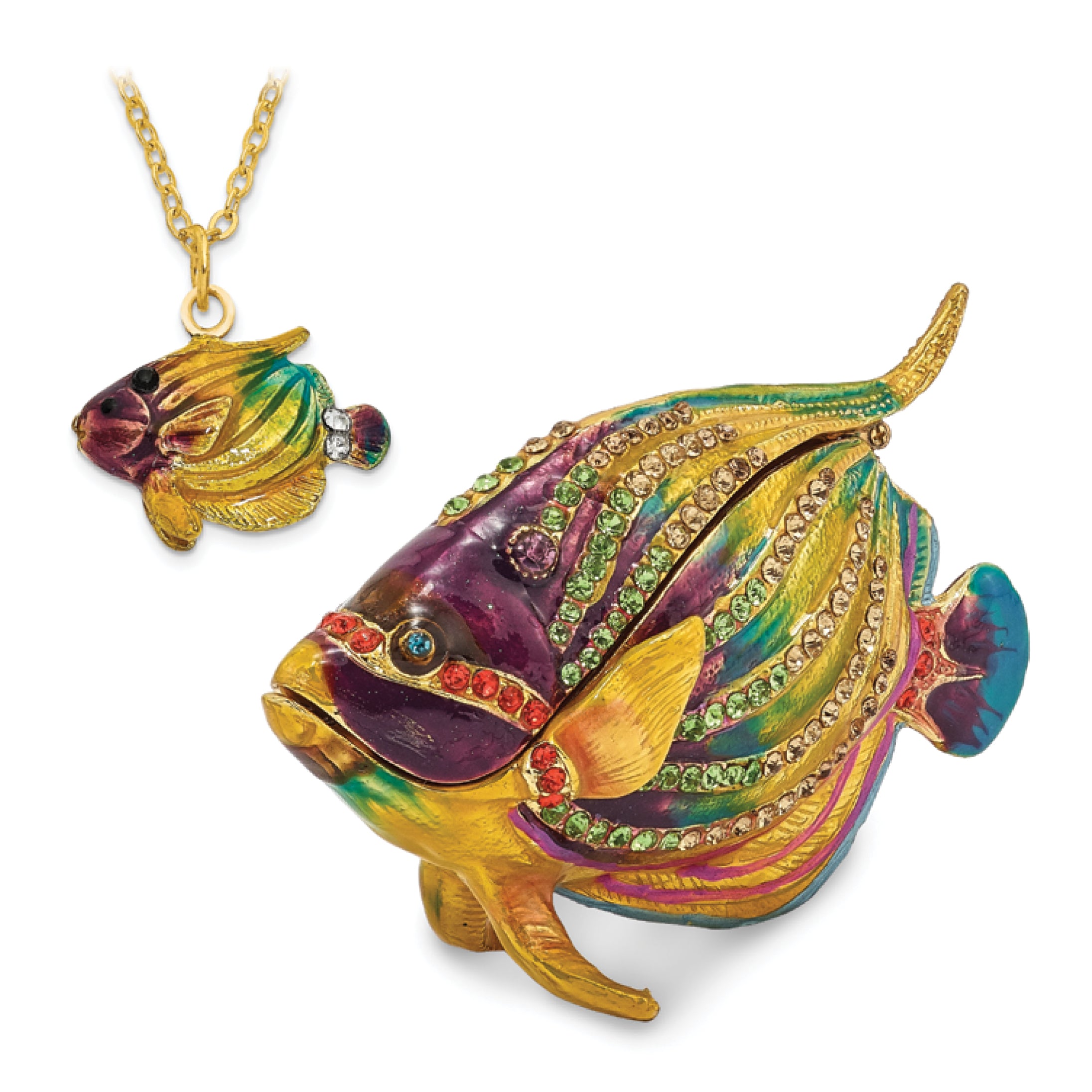 Luxury Giftware by Jere  Pewter Bejeweled Crystals Gold-tone Enameled CLYDE Kaleidoscope Fish Trinket Box with Matching 18 Inch Necklace