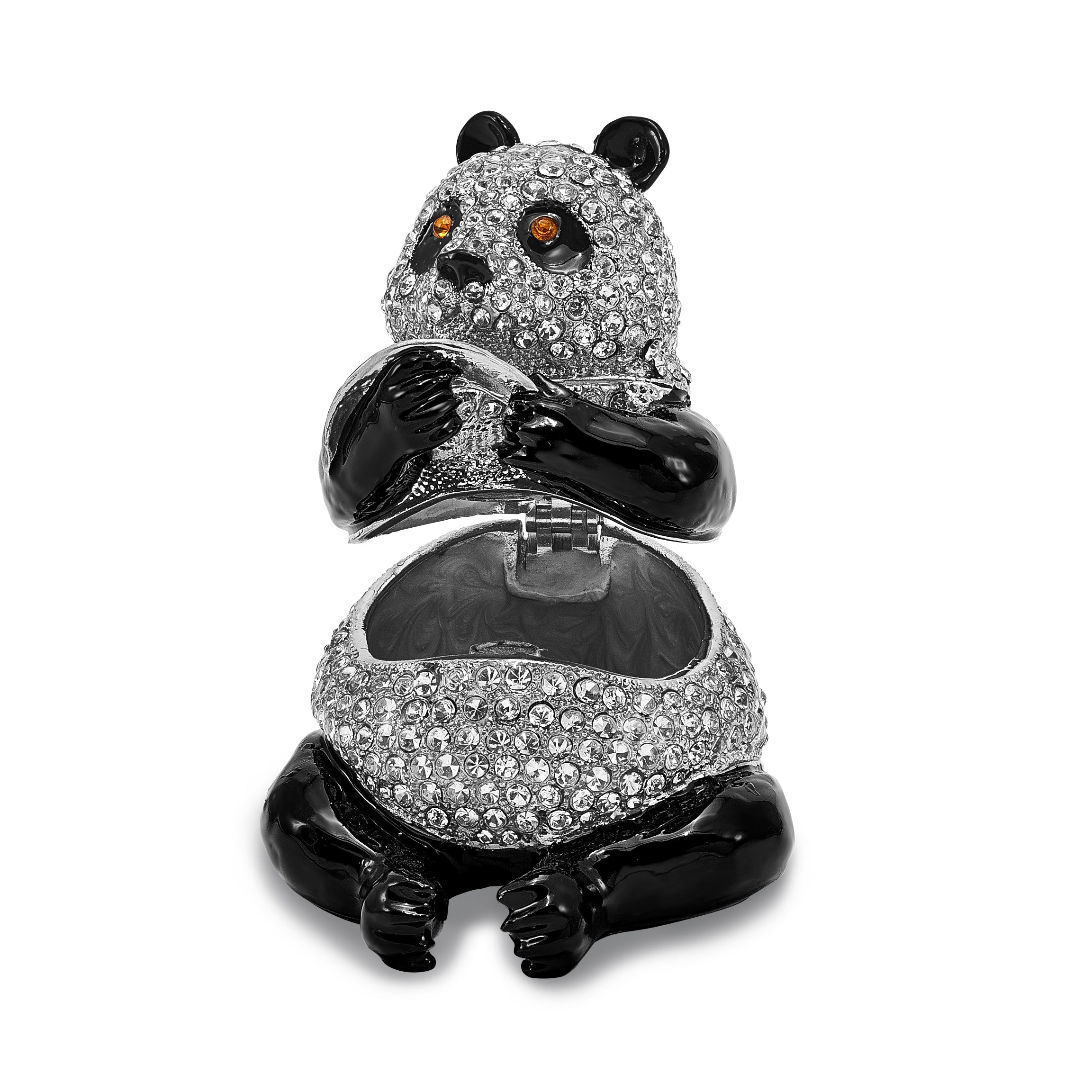 Luxury Giftware Pewter Bejeweled Crystals Silver-tone Enameled LING LING Panda Bear With Leaf Trinket Box with Matching 18 Inch Necklace