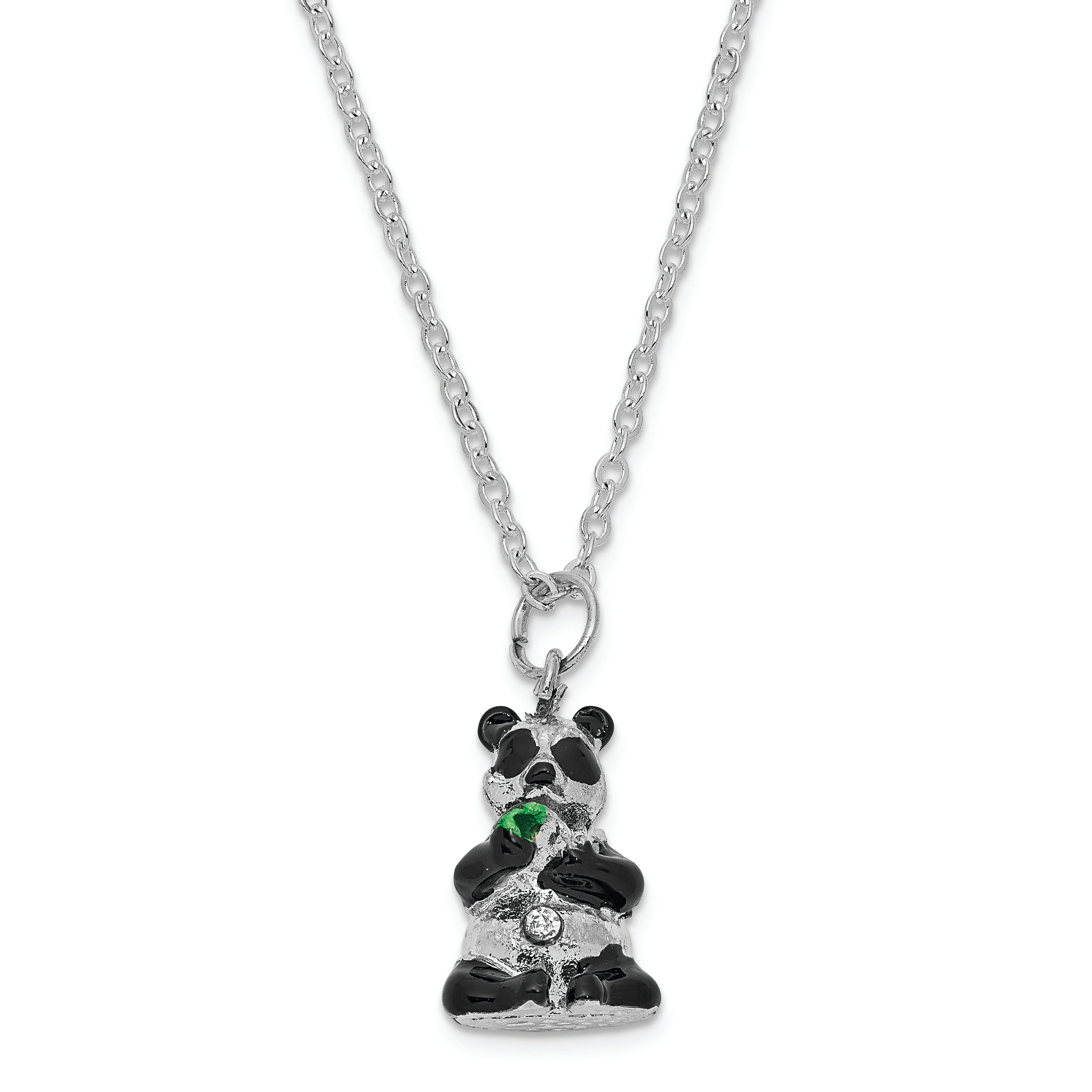 Luxury Giftware Pewter Bejeweled Crystals Silver-tone Enameled LING LING Panda Bear With Leaf Trinket Box with Matching 18 Inch Necklace